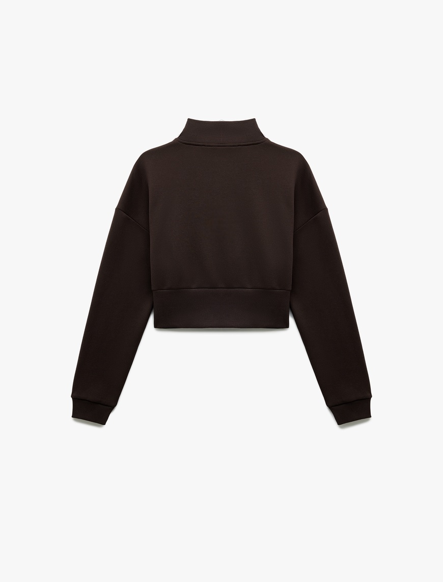   Pamuklu Yarım Fermuarlı Şardonlu Baskılı Crop Sweatshirt