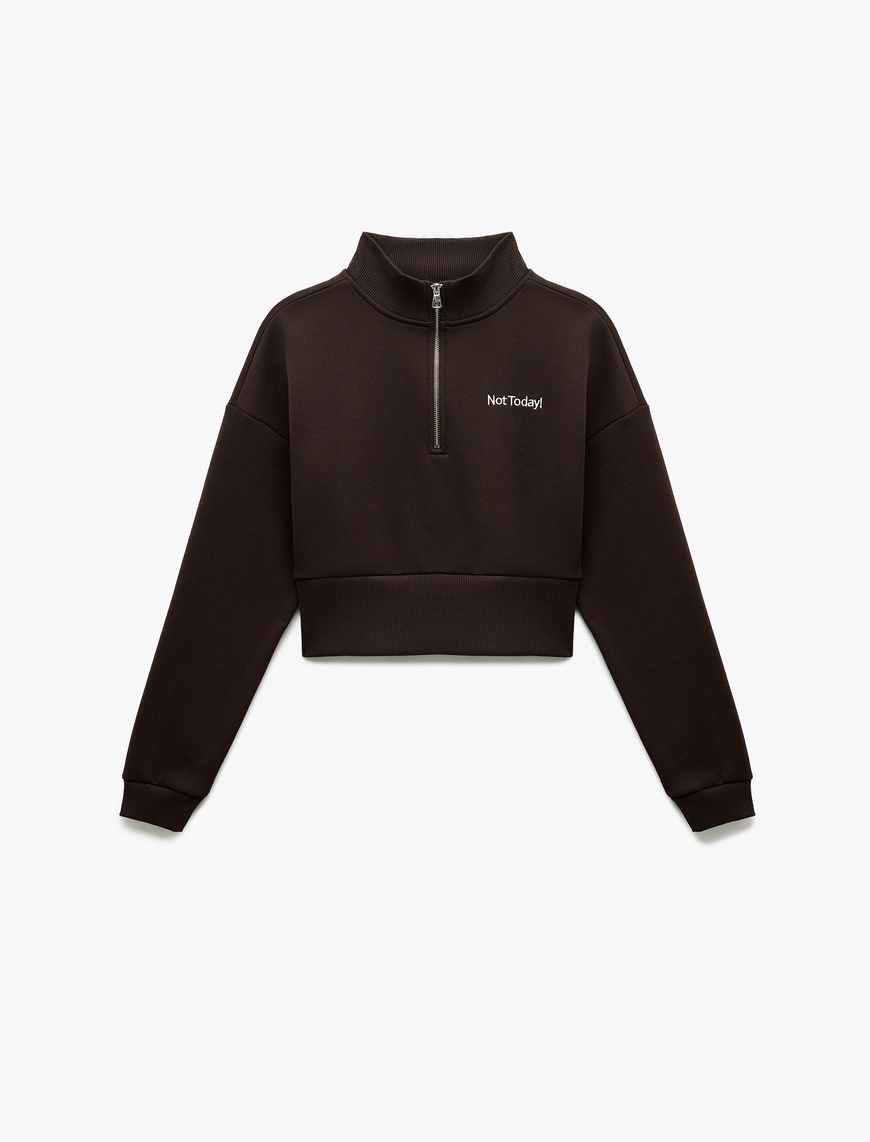   Pamuklu Yarım Fermuarlı Şardonlu Baskılı Crop Sweatshirt