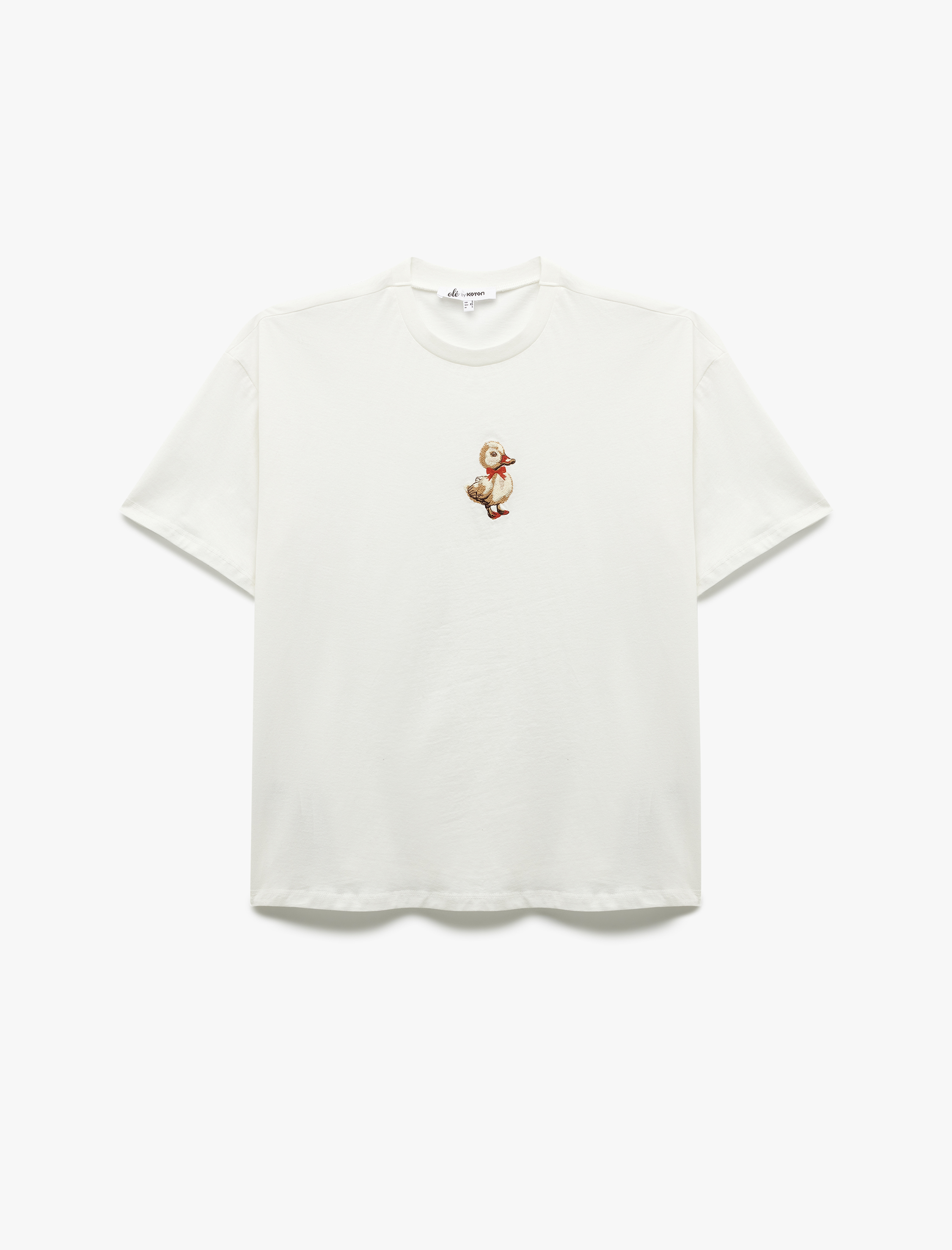   Kısa Kollu Bisiklet Yaka Pamuklu Nakışlı Tişört