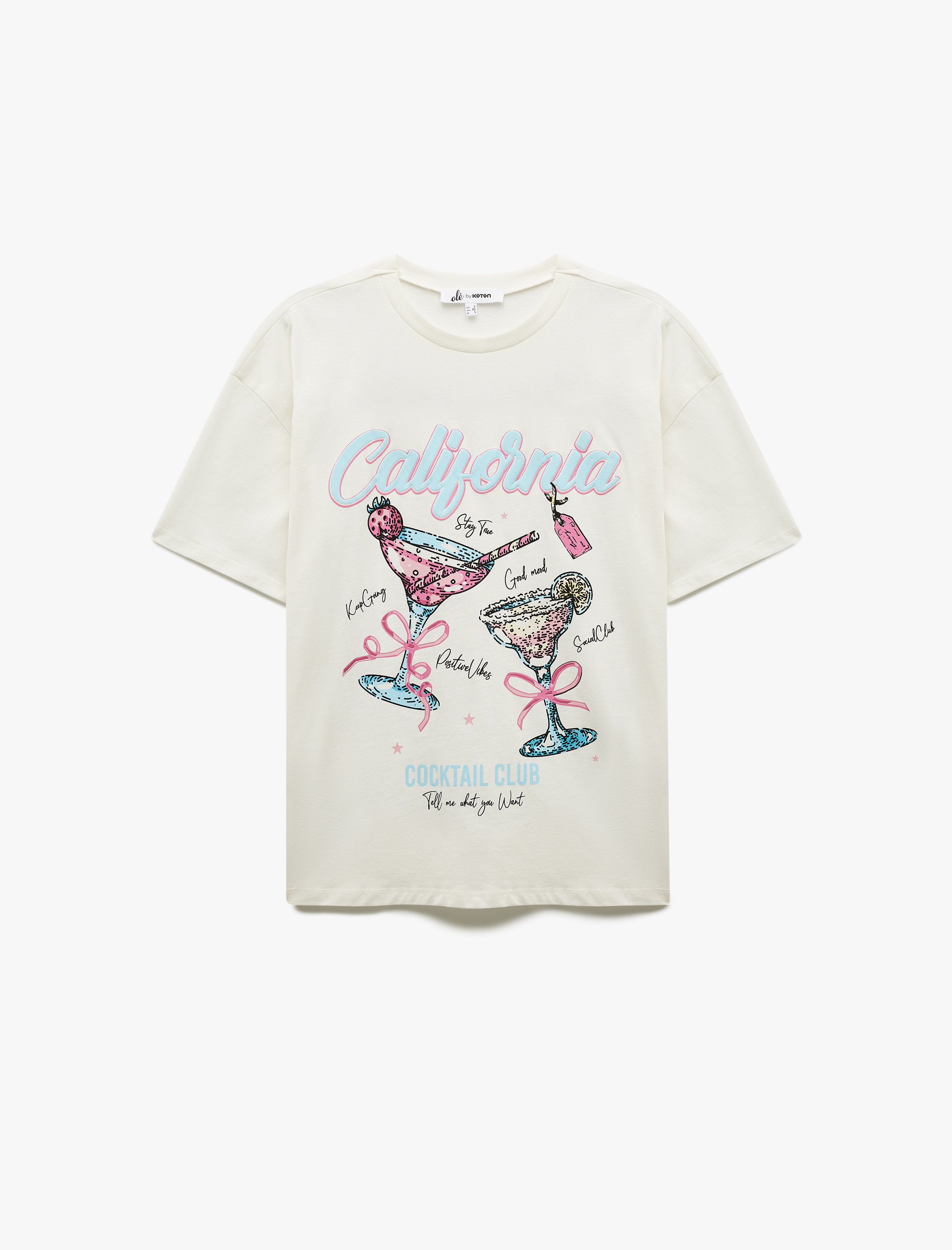   Kısa Kollu Bisiklet Yaka Pamuklu Fiyonklu Meyve Baskılı Oversize Tişört