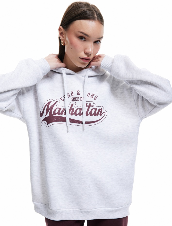  Şardonlu Kapüşonlu Baskılı Oversize Sweatshirt