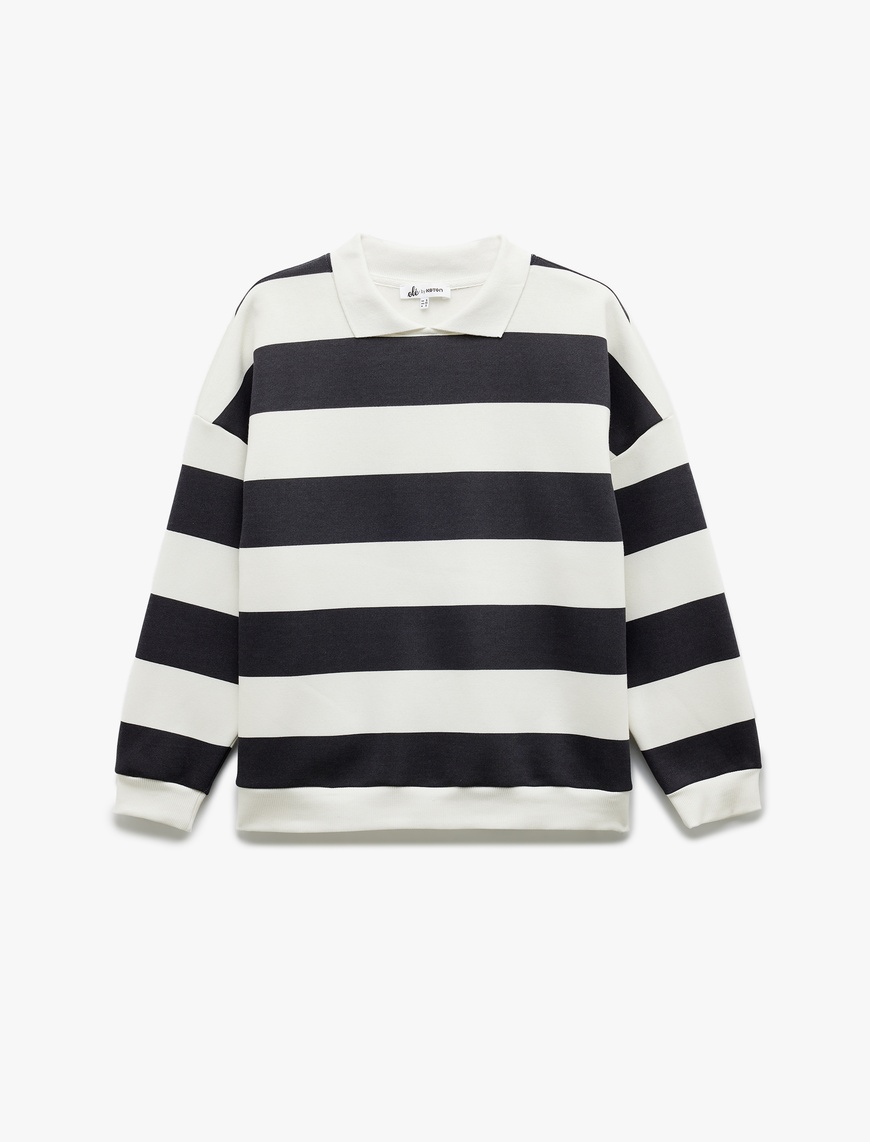   Çizgili Oversize Şardonlu Polo Yaka Sweatshirt