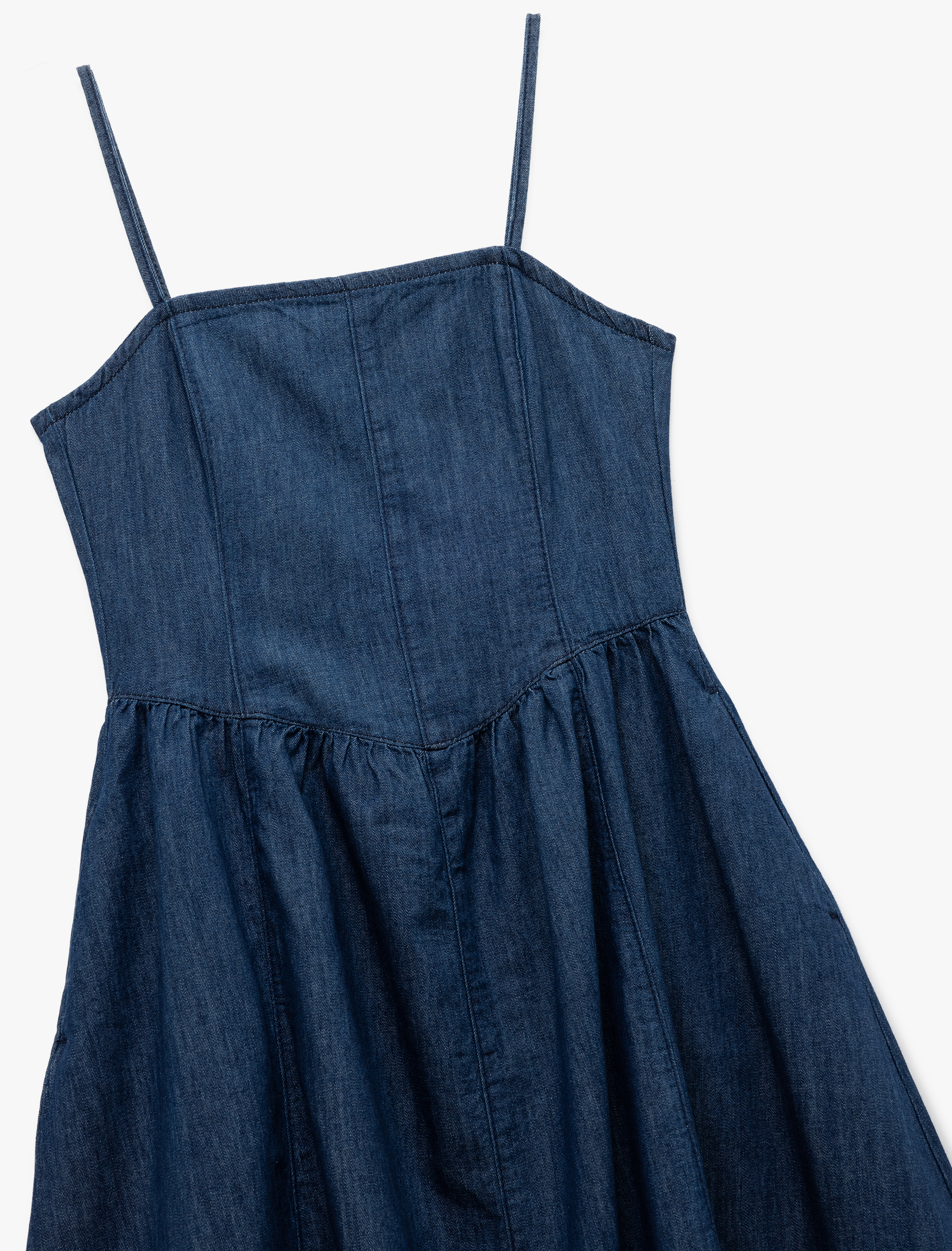   Straplez Yaka Pamuklu Askılı Midi Jean Elbise