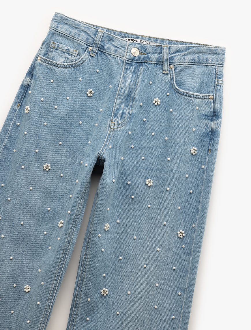   Normal Bel Düğmeli Taş Detaylı Jean Pantolon - Straight Fit Jean