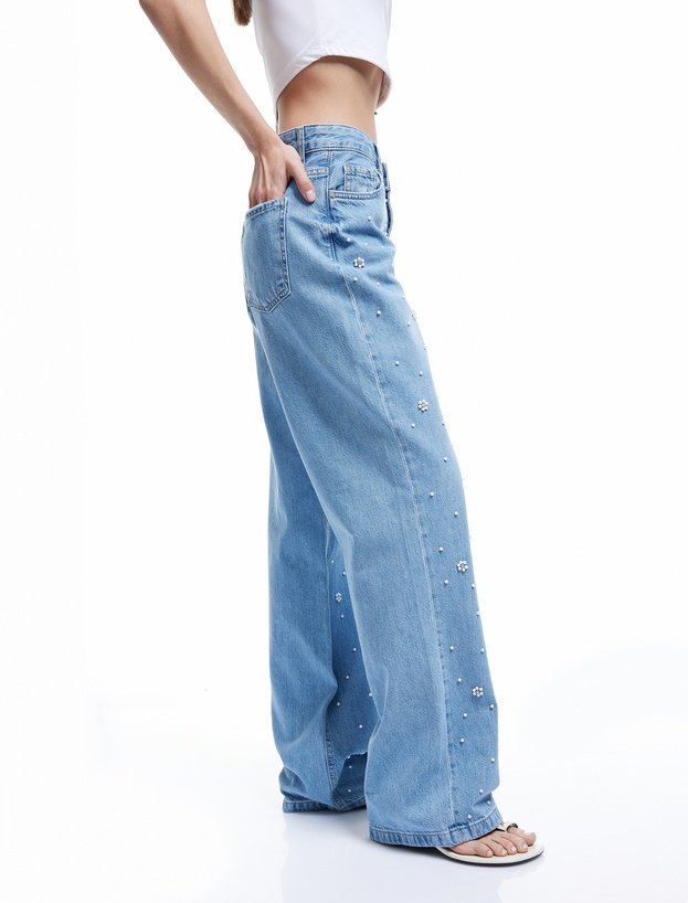Normal Bel Düğmeli Taş Detaylı Jean Pantolon - Straight Fit Jean_1