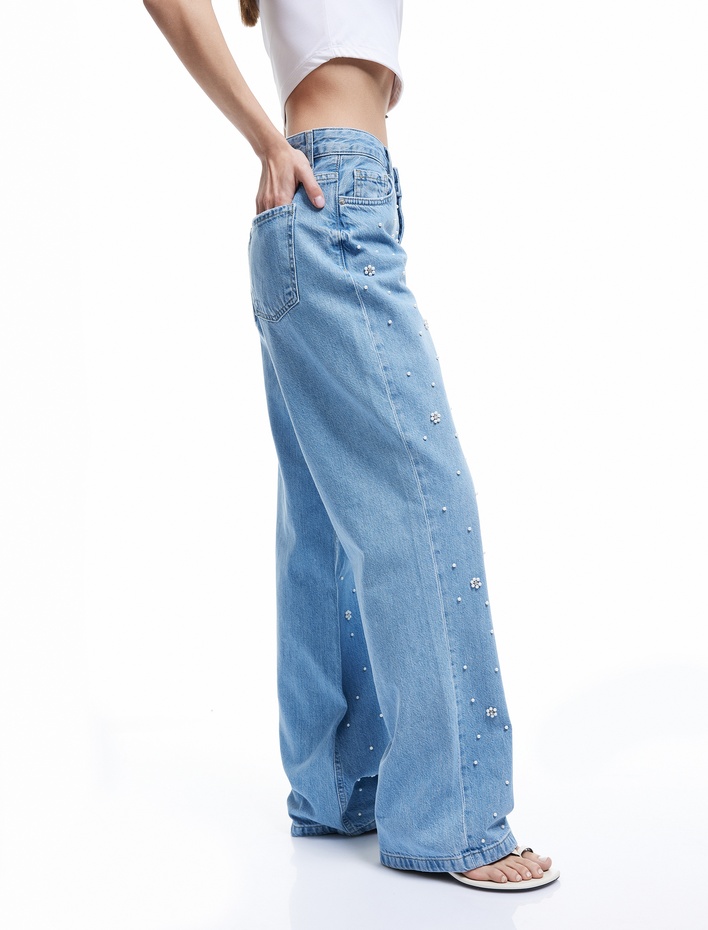  Normal Bel Düğmeli Taş Detaylı Jean Pantolon - Straight Fit Jean