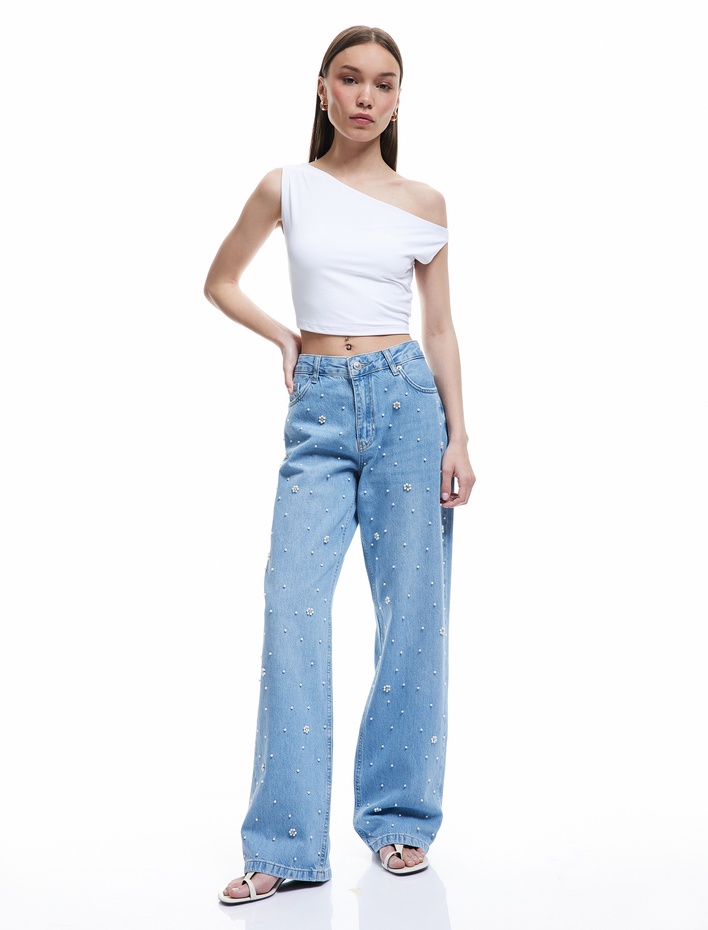  Normal Bel Düğmeli Taş Detaylı Jean Pantolon - Straight Fit Jean