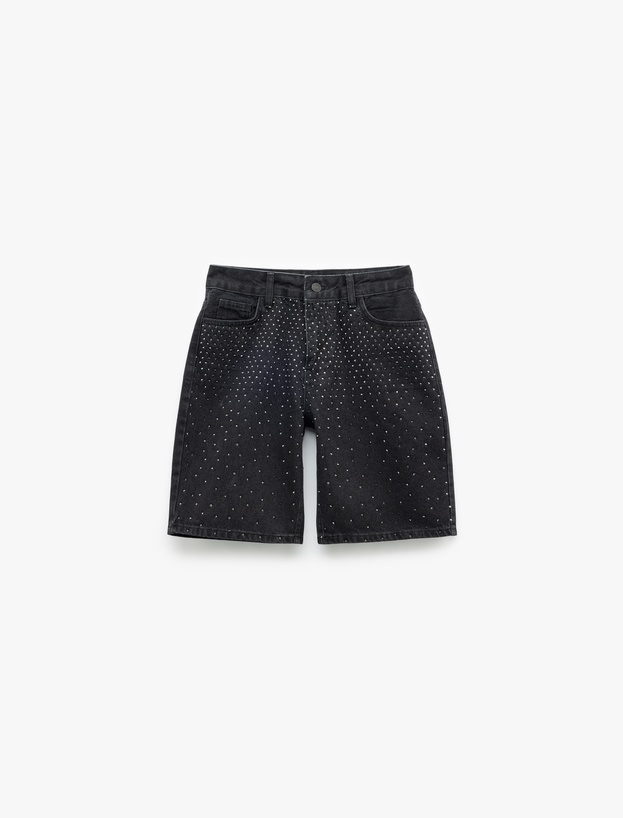 Taş Detaylı Cepli Pamuklu Straight Fit Jean Kapri Şort_3