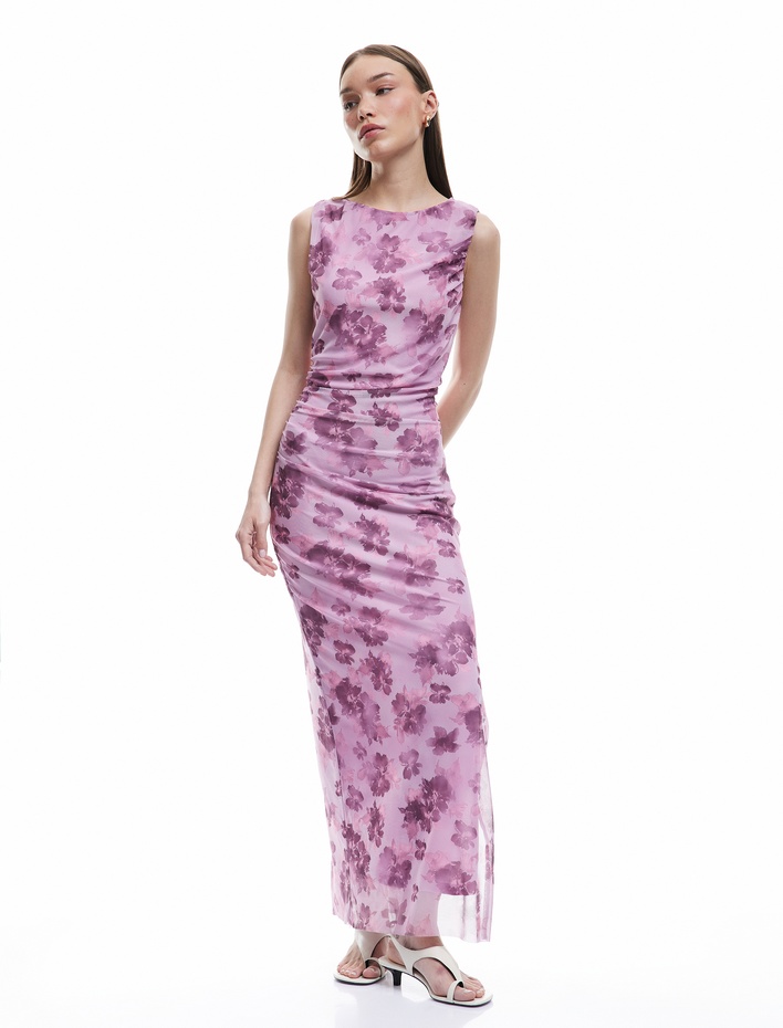  Kolsuz Büzgülü Çiçekli Tül Maxi Elbise