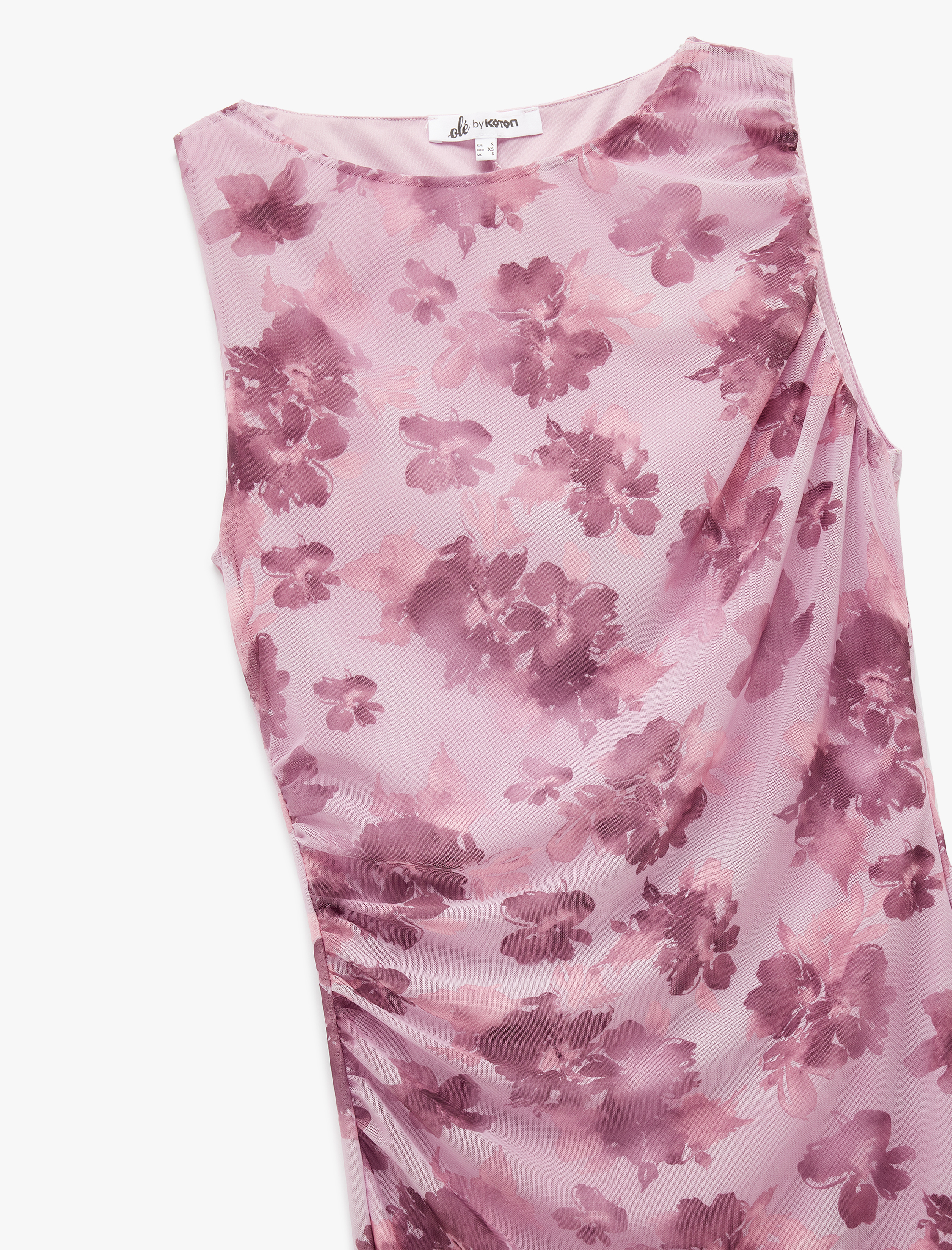   Kolsuz Büzgülü Çiçekli Tül Maxi Elbise