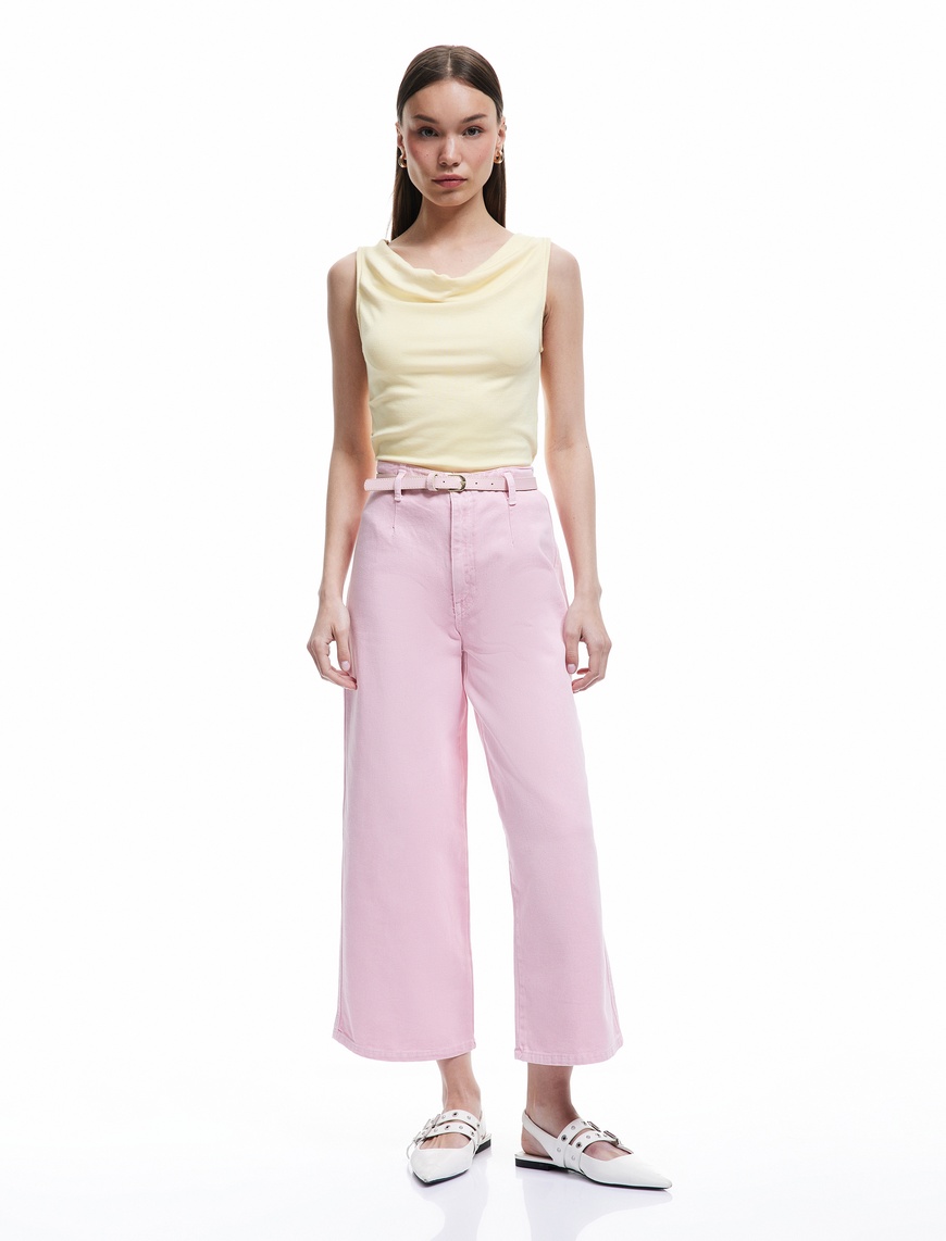   Düğmeli Kesik Geniş Paça Kemerli Pantolon - Wide Leg Jeans
