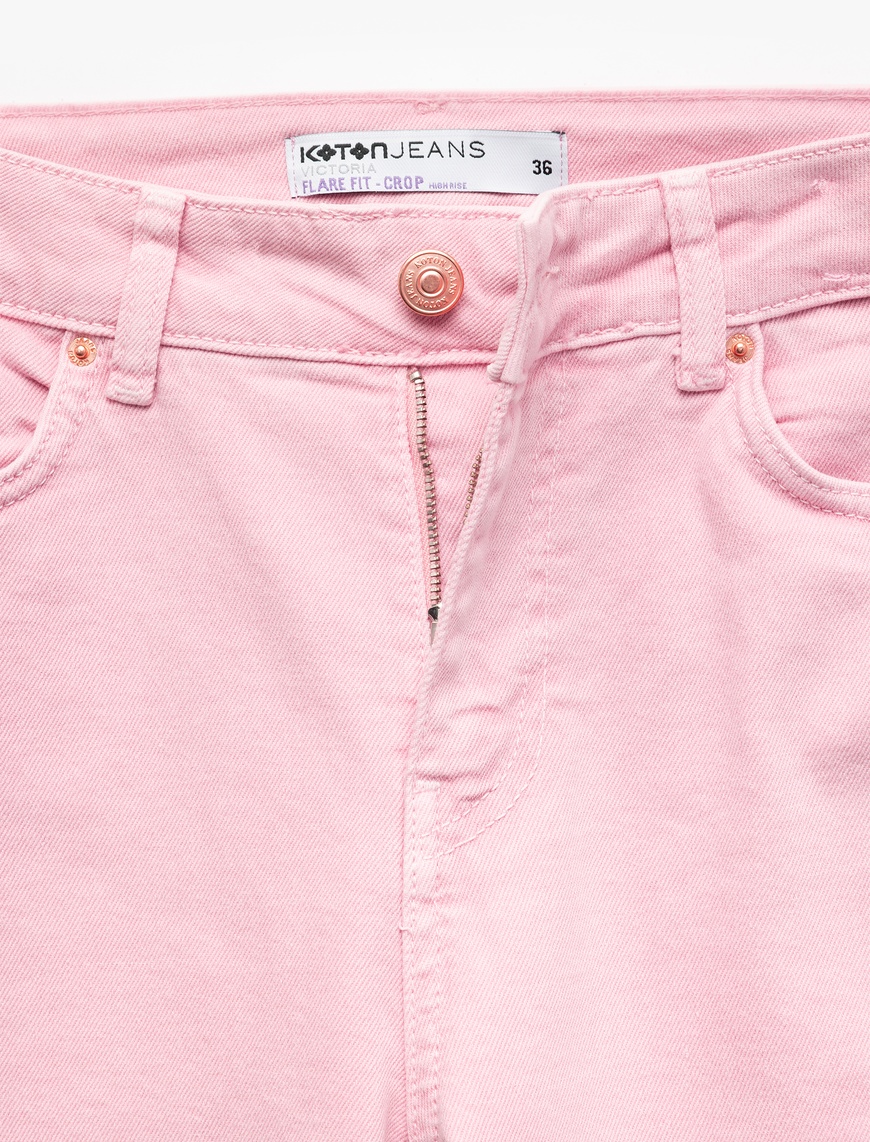   Pamuklu Düğmeli Cepli Dar Kalıp Yüksek Bel İspanyol Paça Jean Pantolon - Flare Jeans