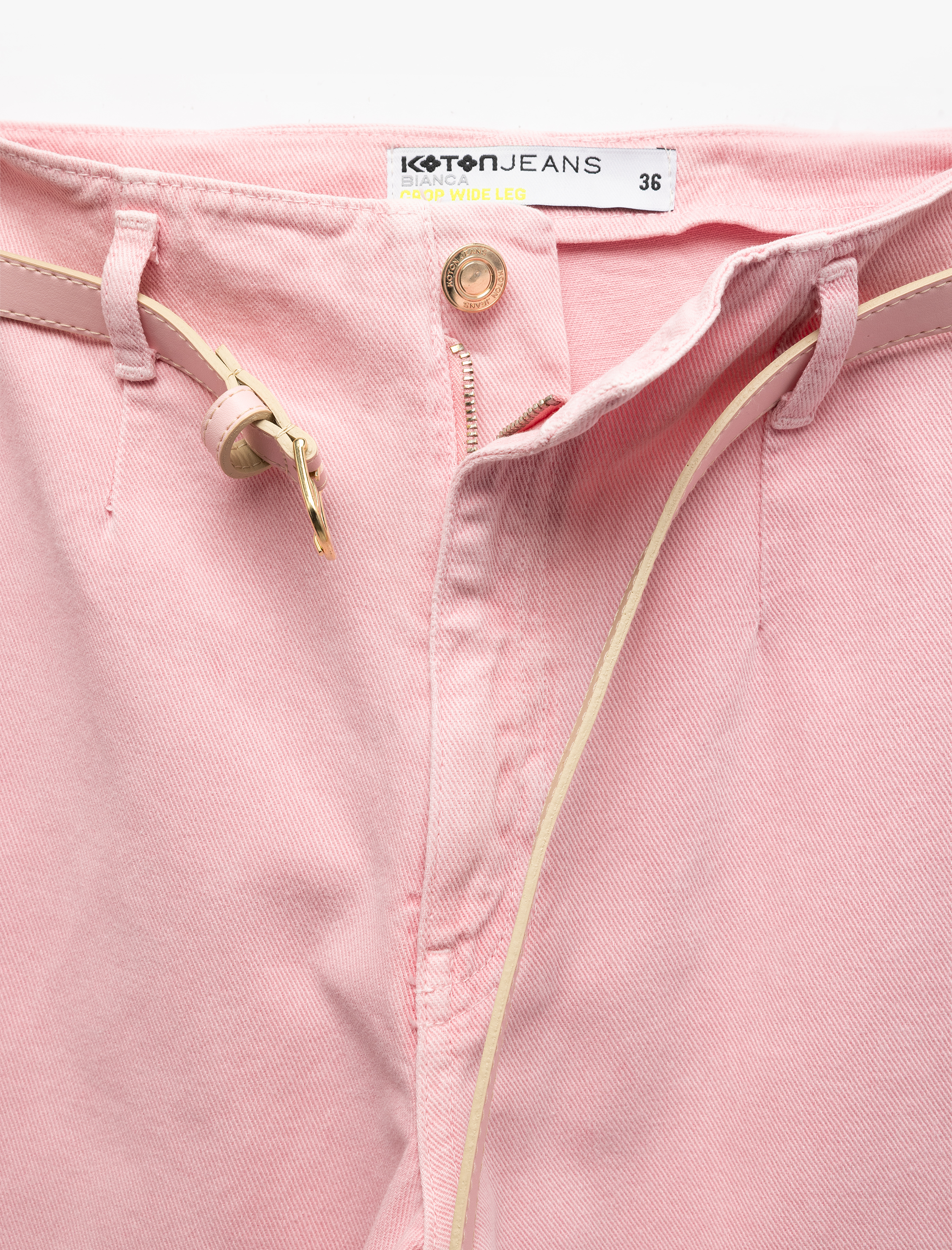   Düğmeli Kesik Geniş Paça Kemerli Pantolon - Wide Leg Jeans