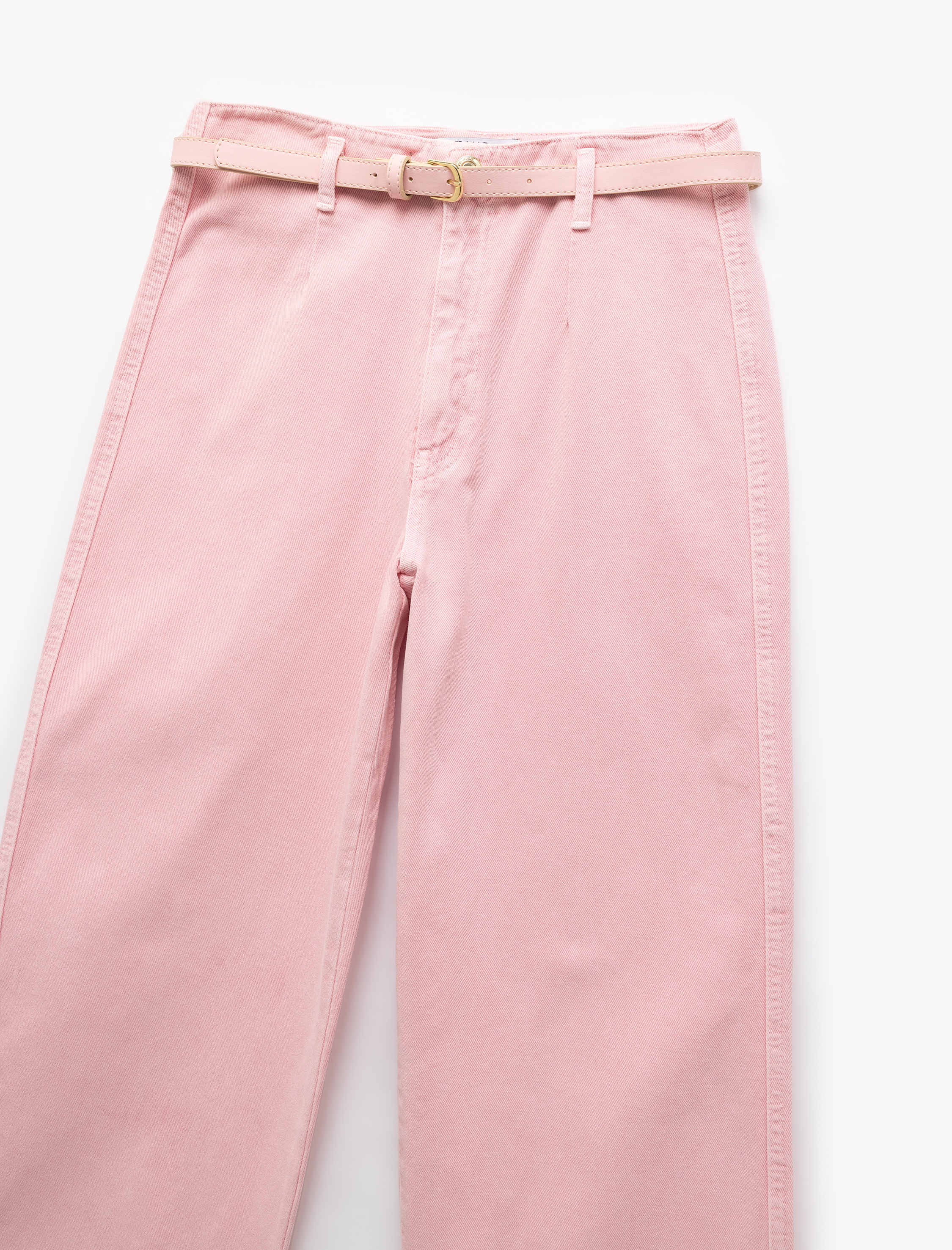   Düğmeli Kesik Geniş Paça Kemerli Pantolon - Wide Leg Jeans