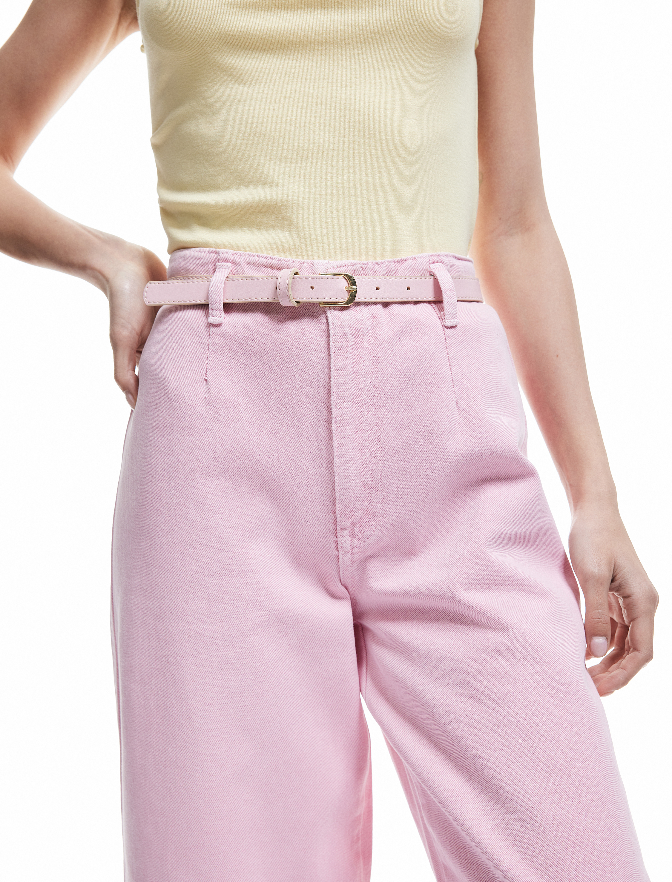   Düğmeli Kesik Geniş Paça Kemerli Pantolon - Wide Leg Jeans