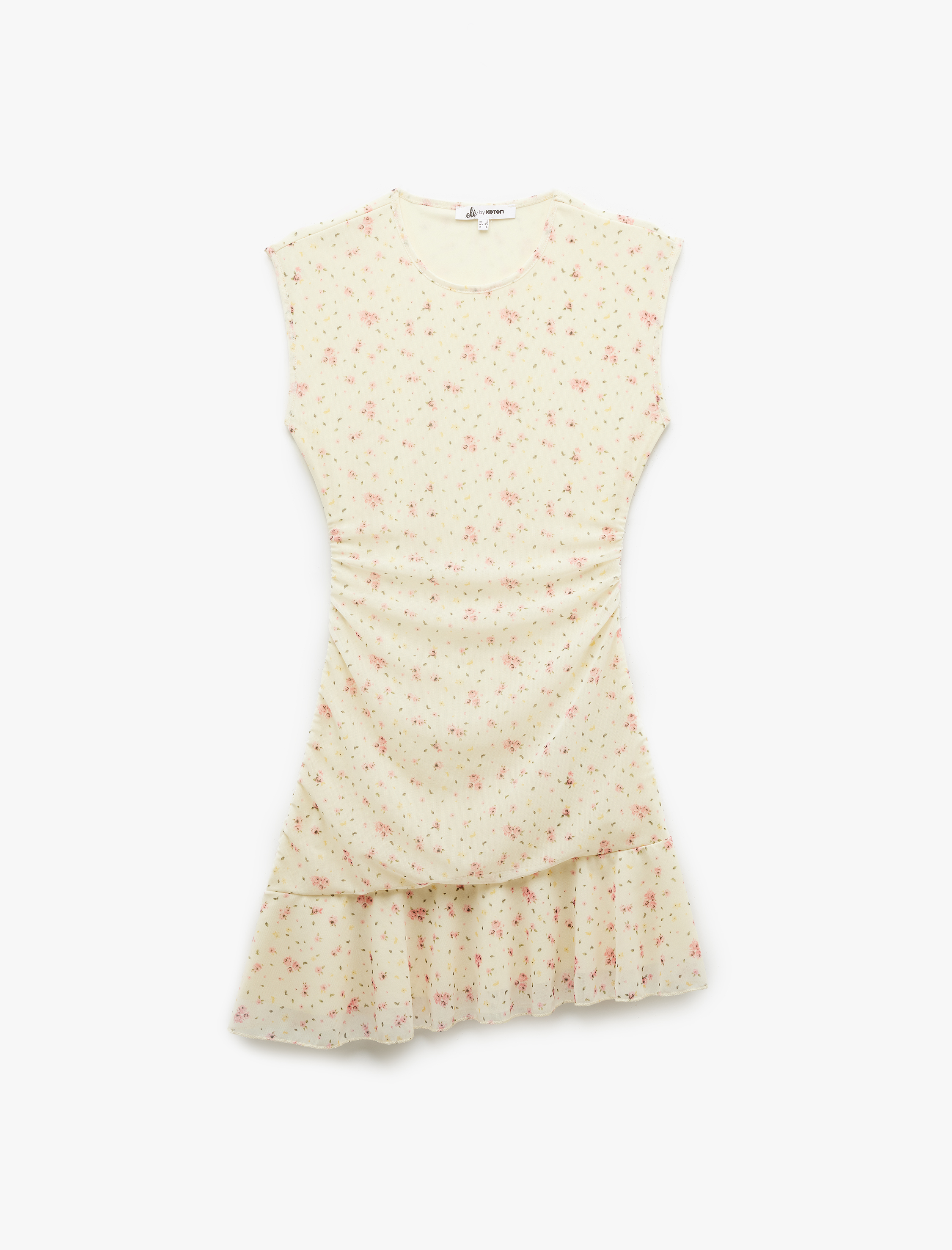   Bisiklet Yaka Kolsuz Drape Detaylı Tül Çiçekli Asimetrik Mini Elbise