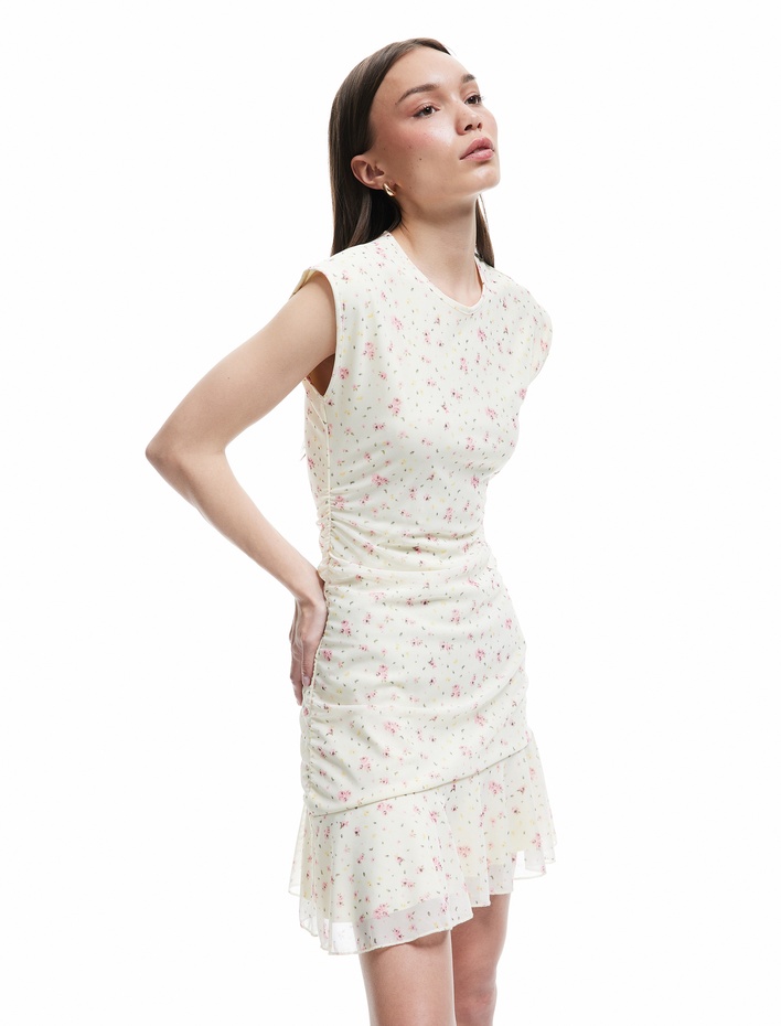  Bisiklet Yaka Kolsuz Drape Detaylı Tül Çiçekli Asimetrik Mini Elbise