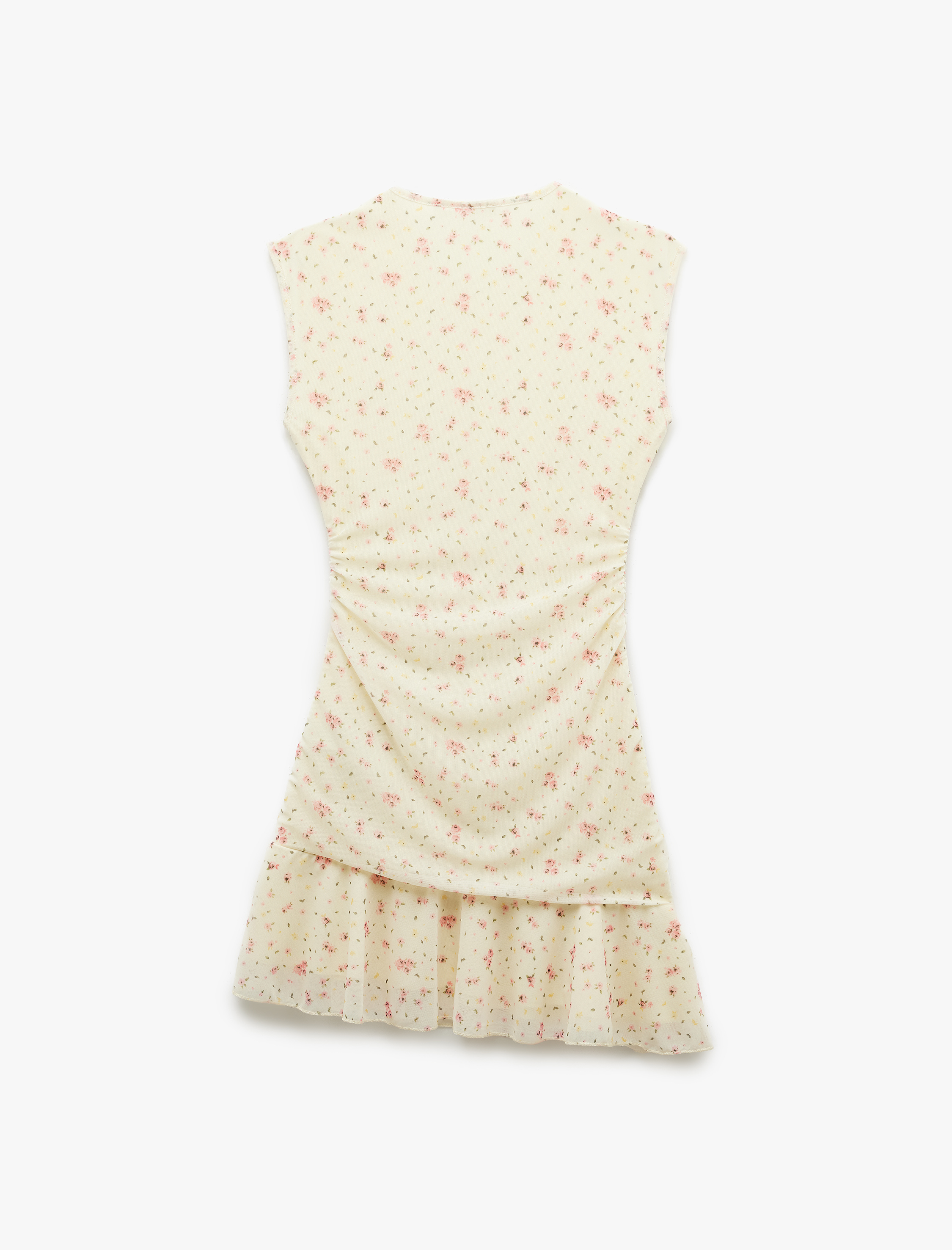   Bisiklet Yaka Kolsuz Drape Detaylı Tül Çiçekli Asimetrik Mini Elbise