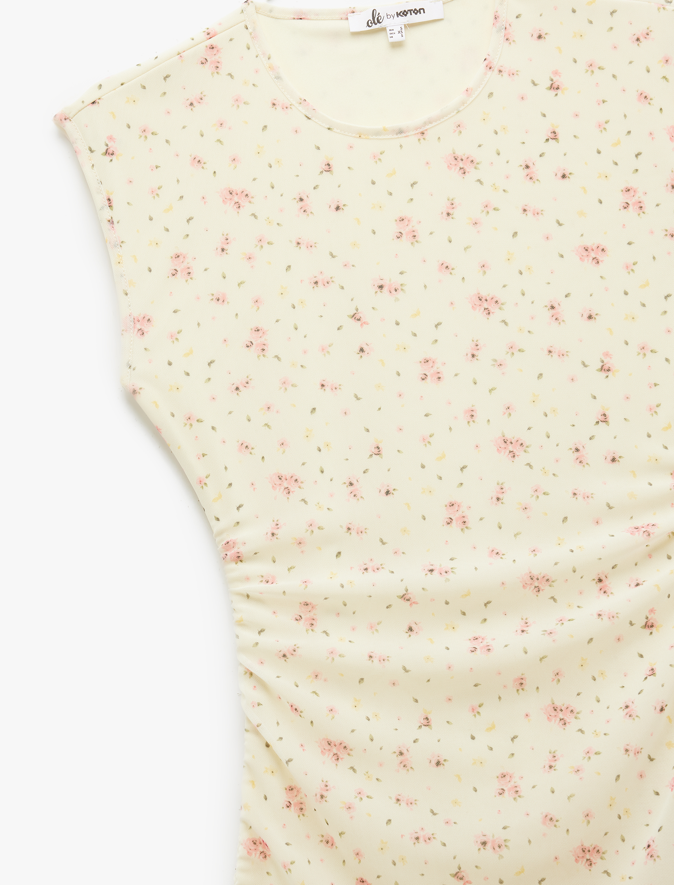   Bisiklet Yaka Kolsuz Drape Detaylı Tül Çiçekli Asimetrik Mini Elbise