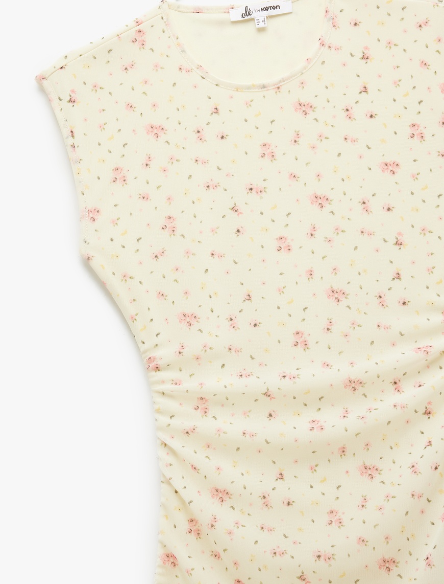   Bisiklet Yaka Kolsuz Drape Detaylı Tül Çiçekli Asimetrik Mini Elbise