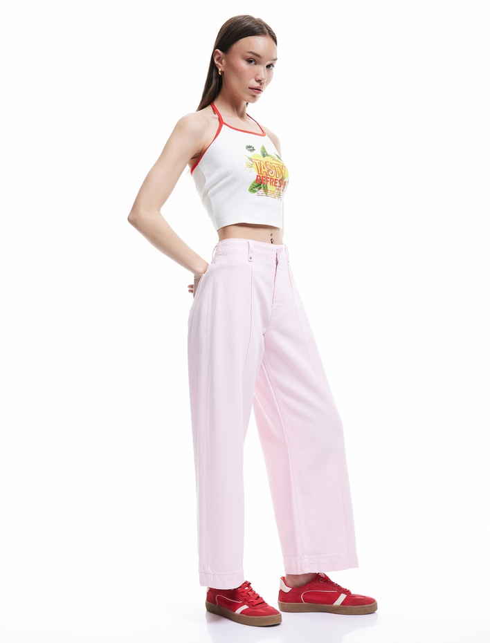  Cep Detaylı Yüksek Bel Geniş Paça Pantolon