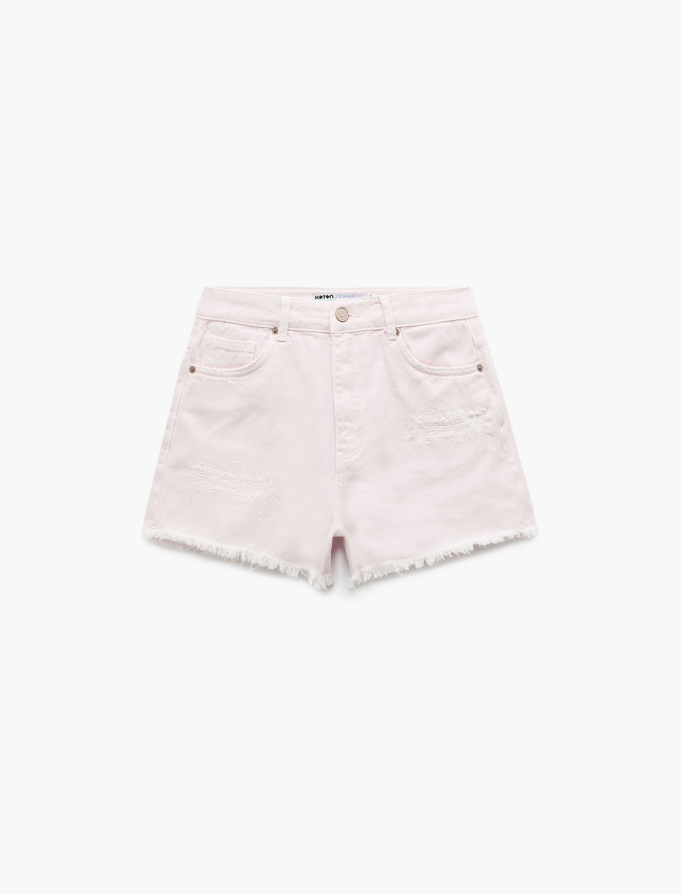   Normal Bel Pamuklu Cep Detaylı Saçaklı Paça Mini Jean Şort