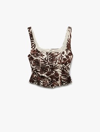 Kare Yaka Floral Desenli Keten Karışımlı Askılı Fırfırlı Crop Büstiyer