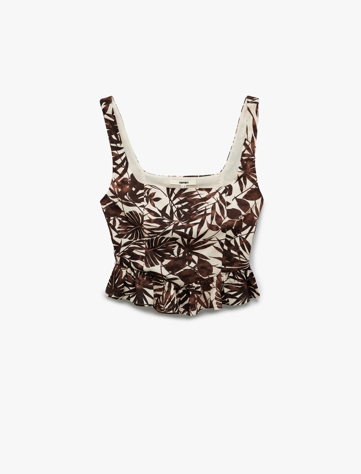  Kare Yaka Floral Desenli Keten Karışımlı Askılı Fırfırlı Crop Büstiyer