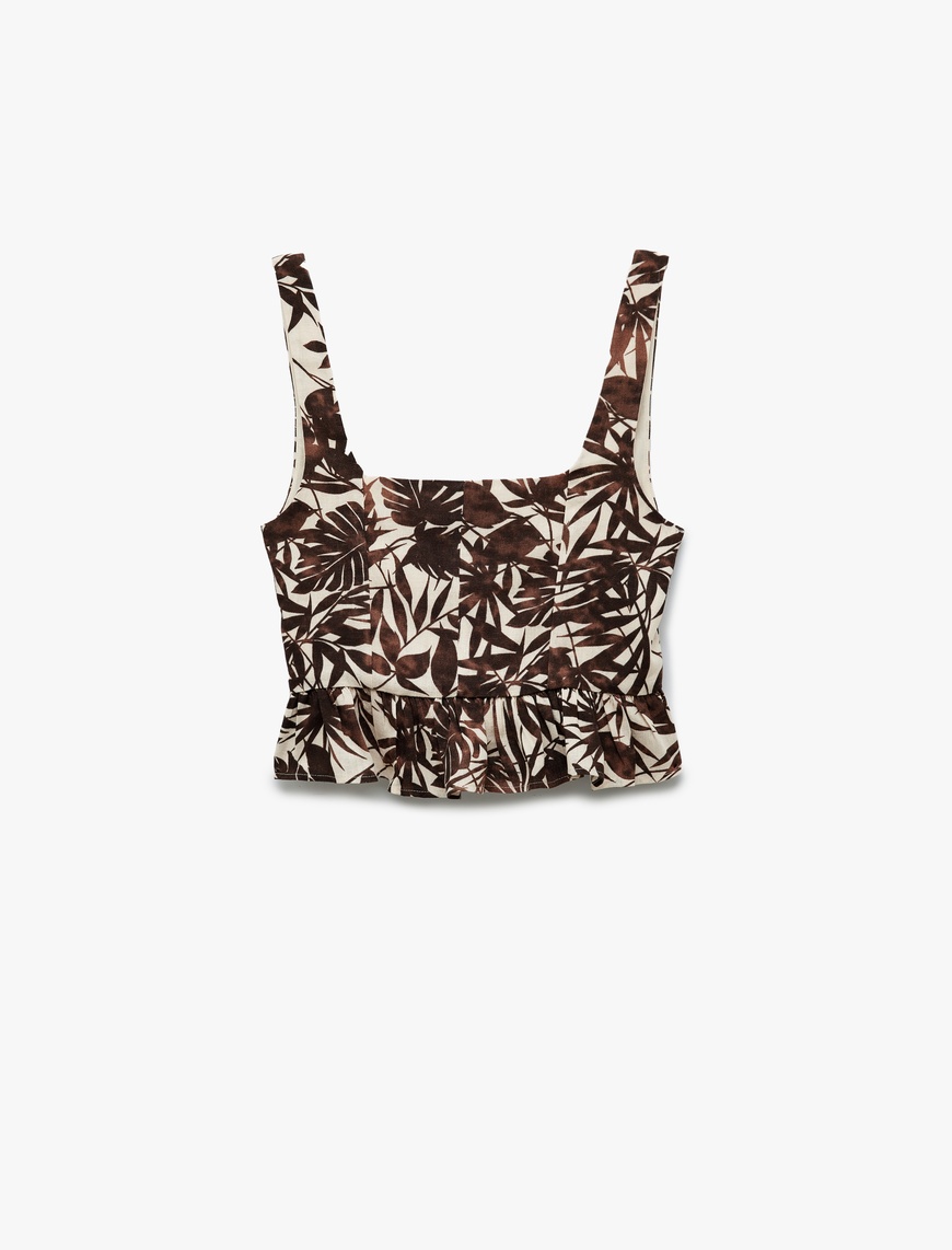   Kare Yaka Floral Desenli Keten Karışımlı Askılı Fırfırlı Crop Büstiyer