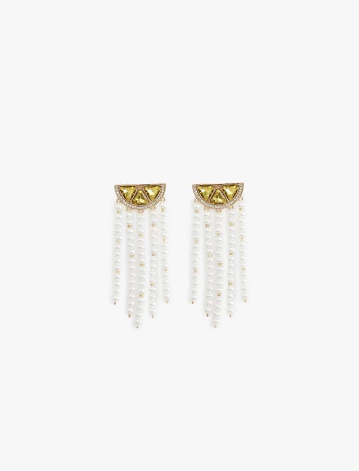 Kadın Büyük Boy Sallantılı İnci ve Taşlı Geometrik Küpe - Koton X Sibil Çetinkaya