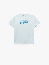 Lisanslı Stitch Baskılı Kısa Kollu Bisiklet Yaka Tişört