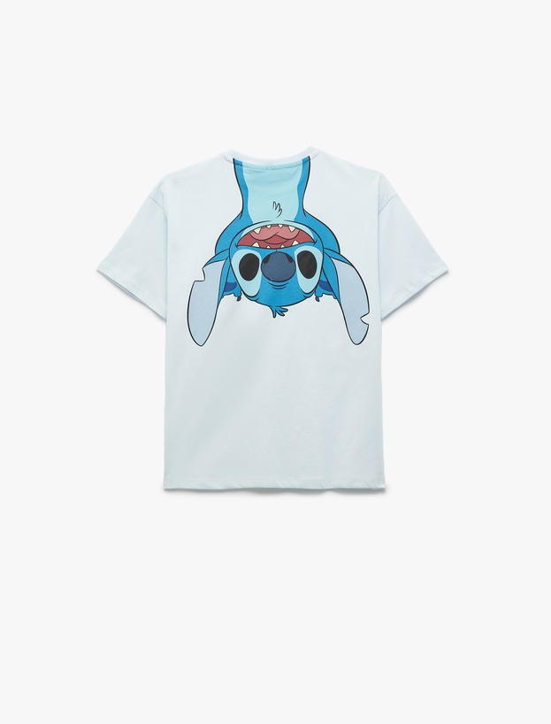 Lisanslı Stitch Baskılı Kısa Kollu Bisiklet Yaka Tişört_1
