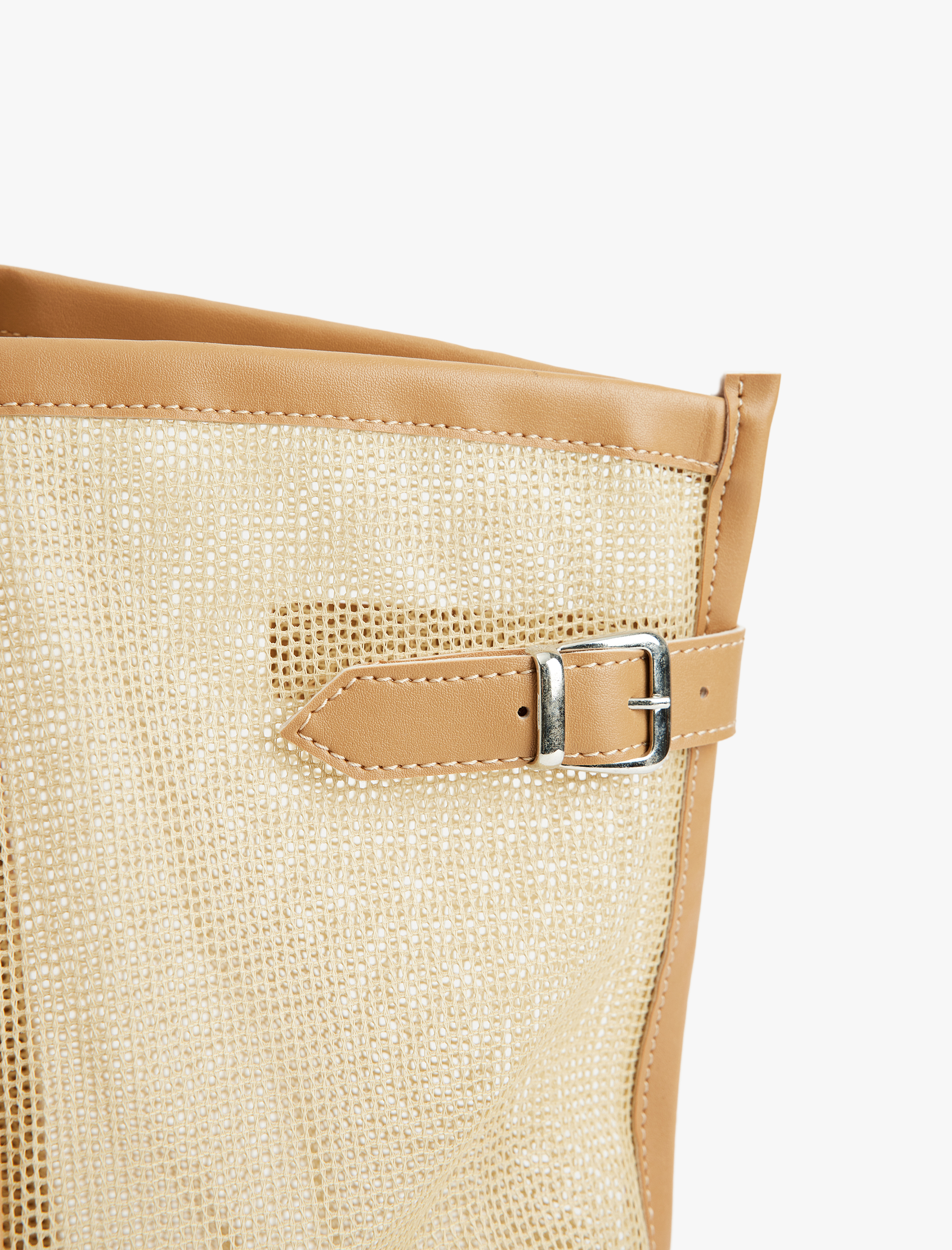  Kadın Metal Tokalı File Detaylı Saplı Tote Çanta