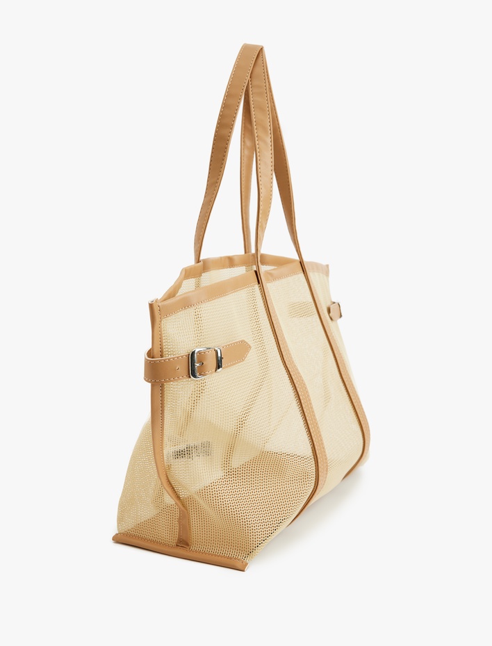 Kadın Metal Tokalı File Detaylı Saplı Tote Çanta