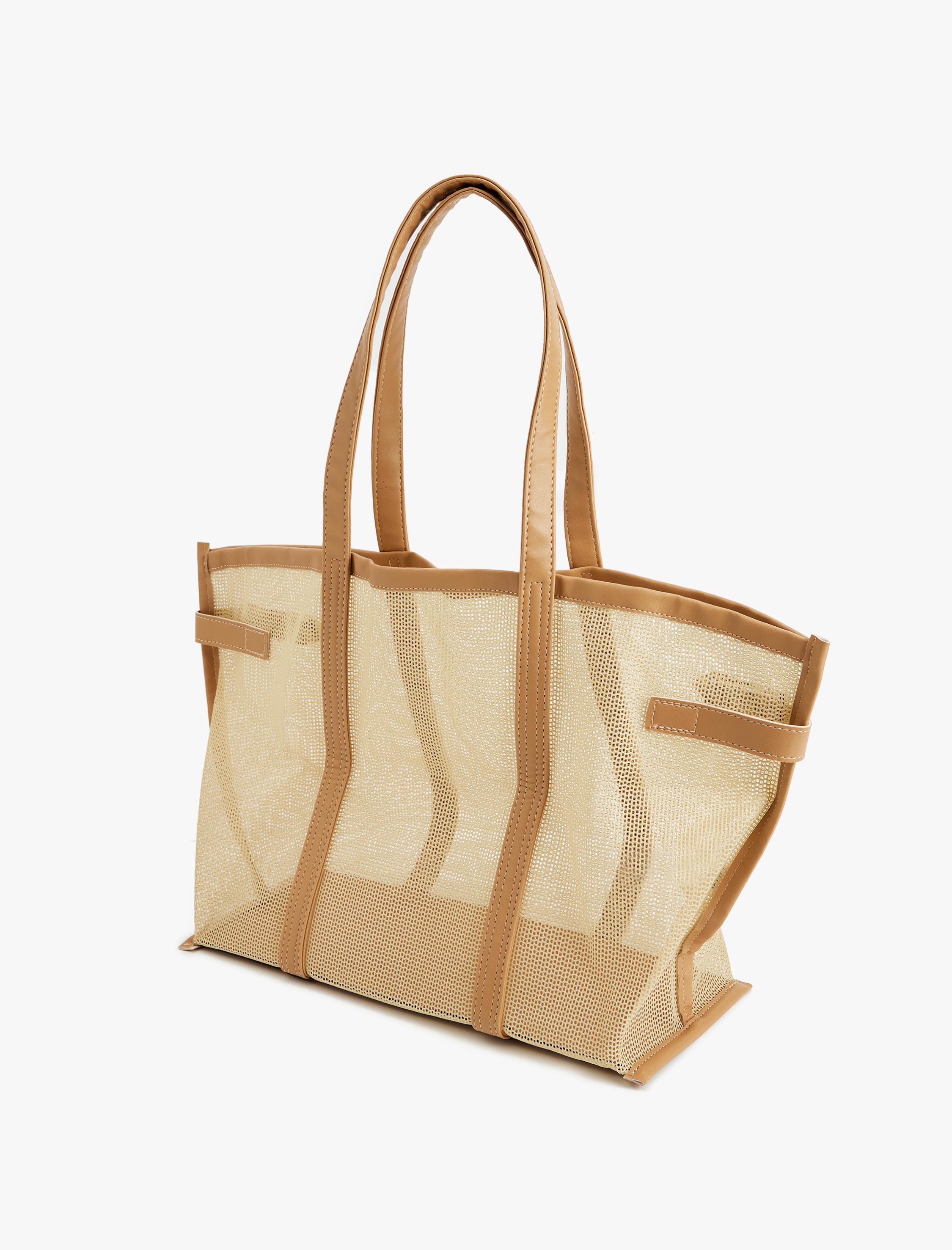  Kadın Metal Tokalı File Detaylı Saplı Tote Çanta