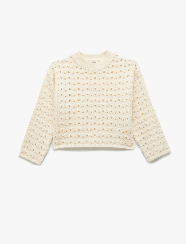 Kız Çocuk Dik Yaka Uzun Kollu Ajurlu Triko Kazak