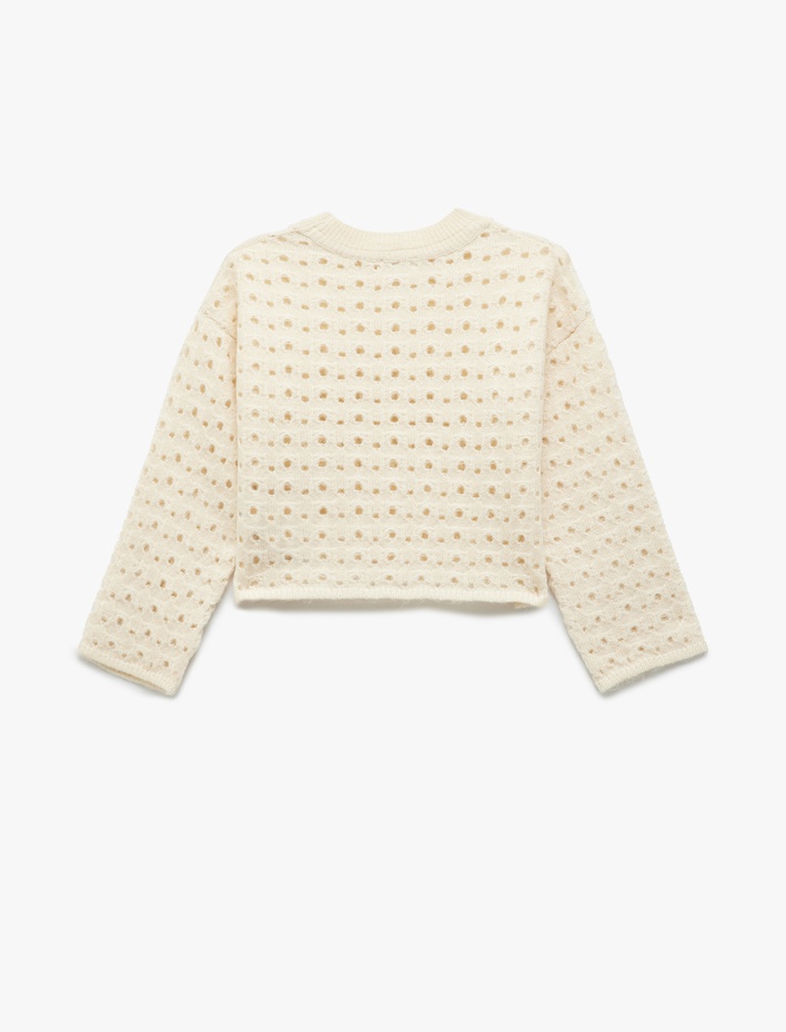 Kız Çocuk Dik Yaka Uzun Kollu Ajurlu Triko Kazak