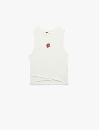 Kolsuz Bisiklet Yaka Çilek Baskılı Fitilli Crop Bluz