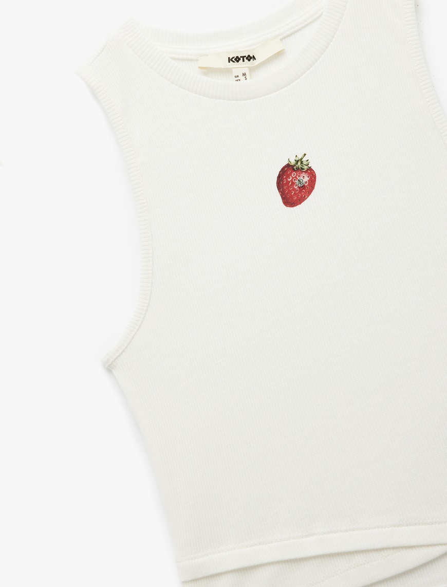  Kolsuz Bisiklet Yaka Çilek Baskılı Fitilli Crop Bluz