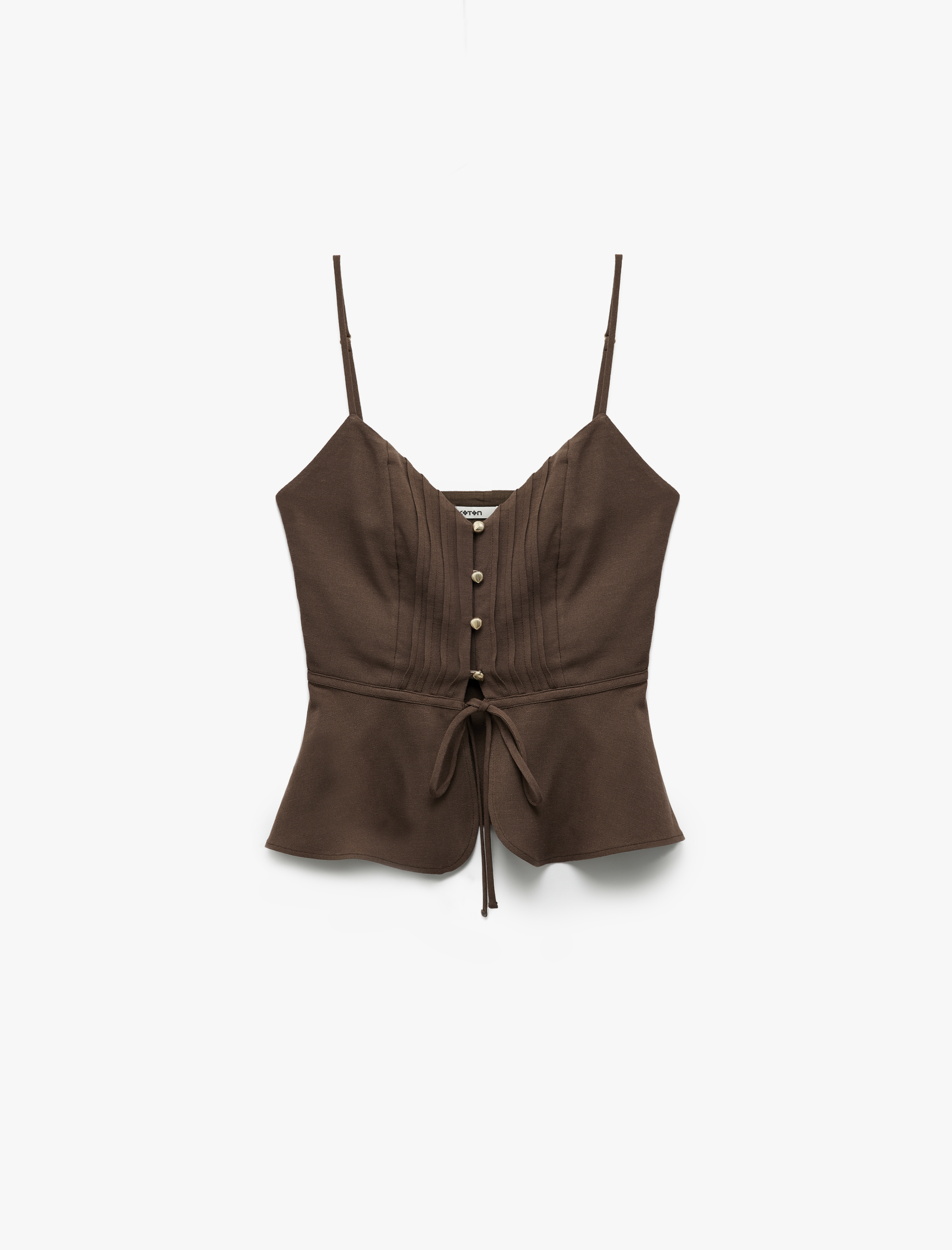   Koton X Melis Ağazat - Düğmeli İnce Askılı Crop Keten Karışımlı Peplum Bluz