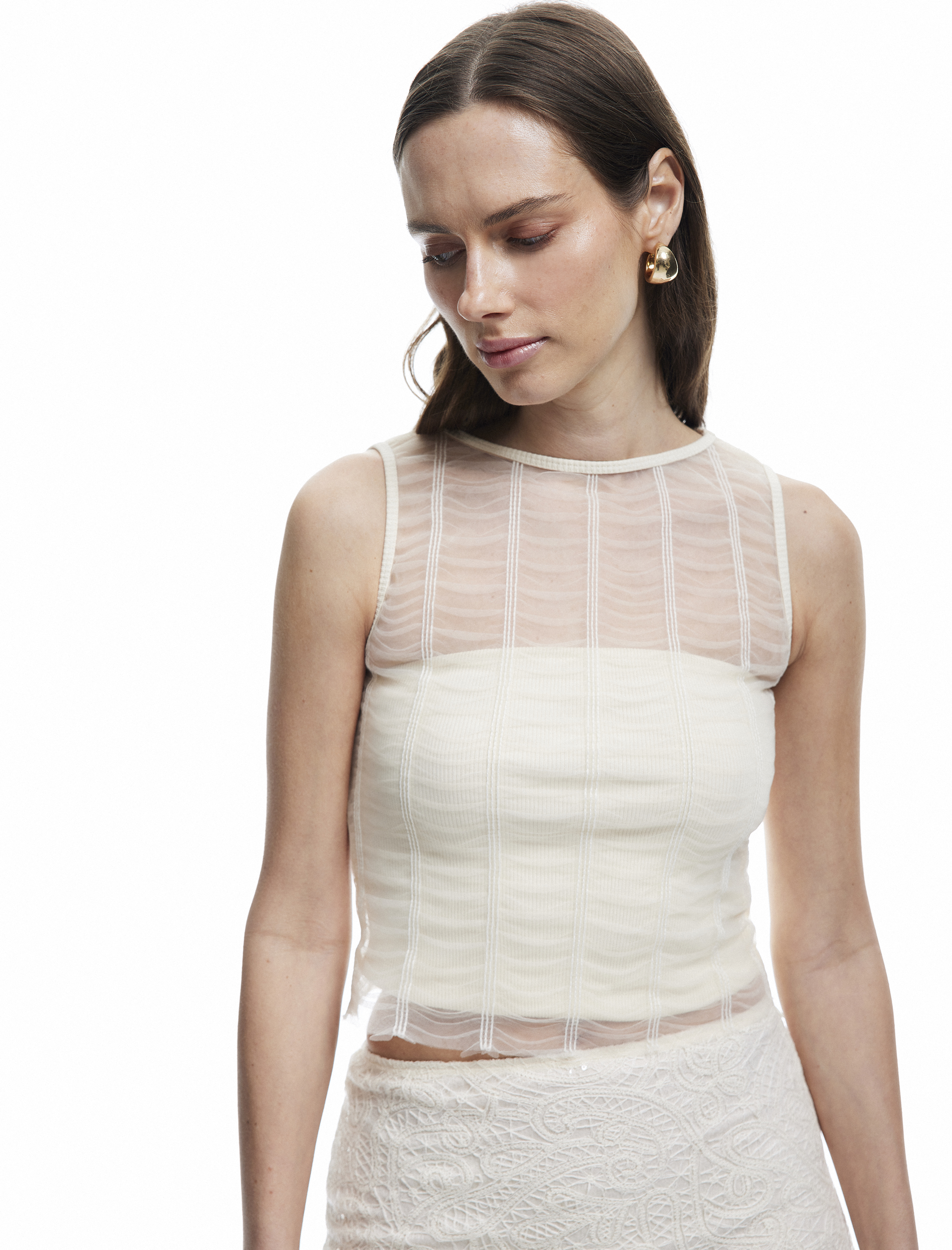   Koton X Melis Ağazat - Kolsuz Bisiklet Yaka Korse Detaylı Transparan Görünümlü Bluz