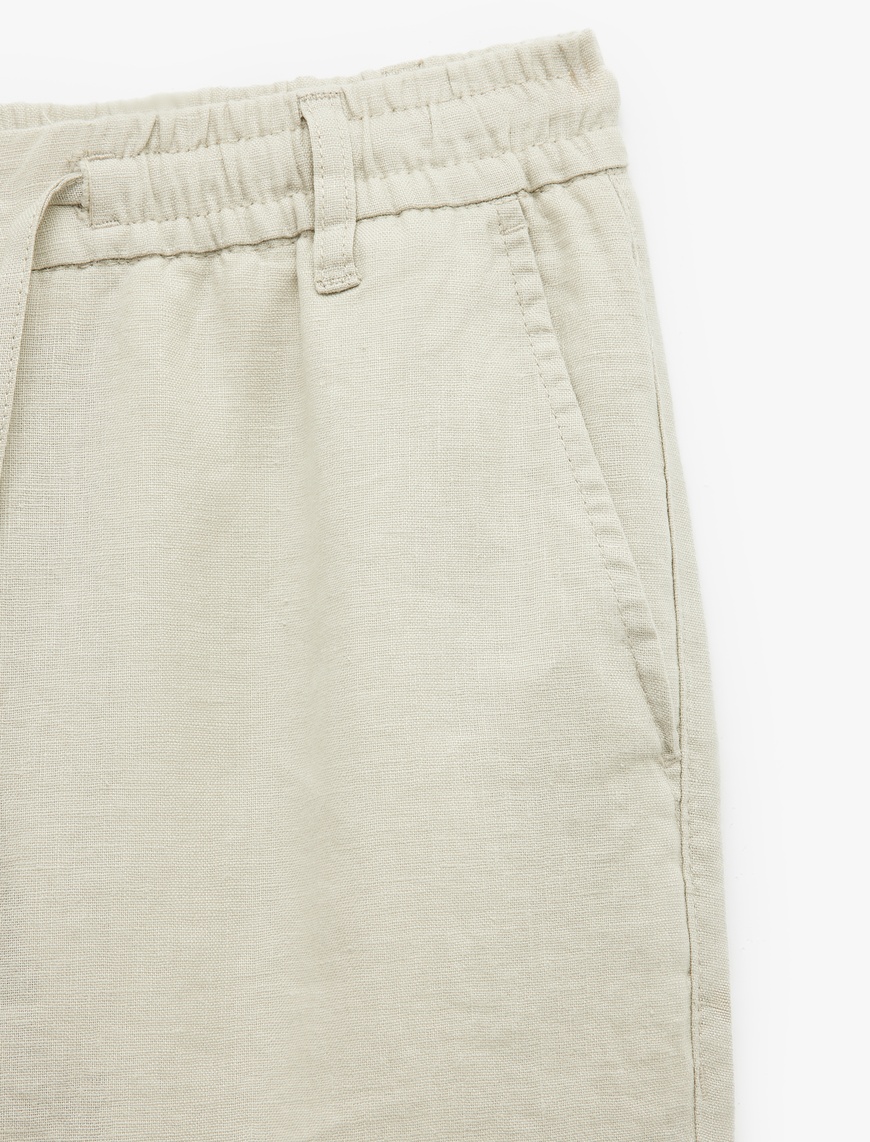   Beli Bağcıklı Düğmeli Cep Detaylı Keten Chino Pantolon