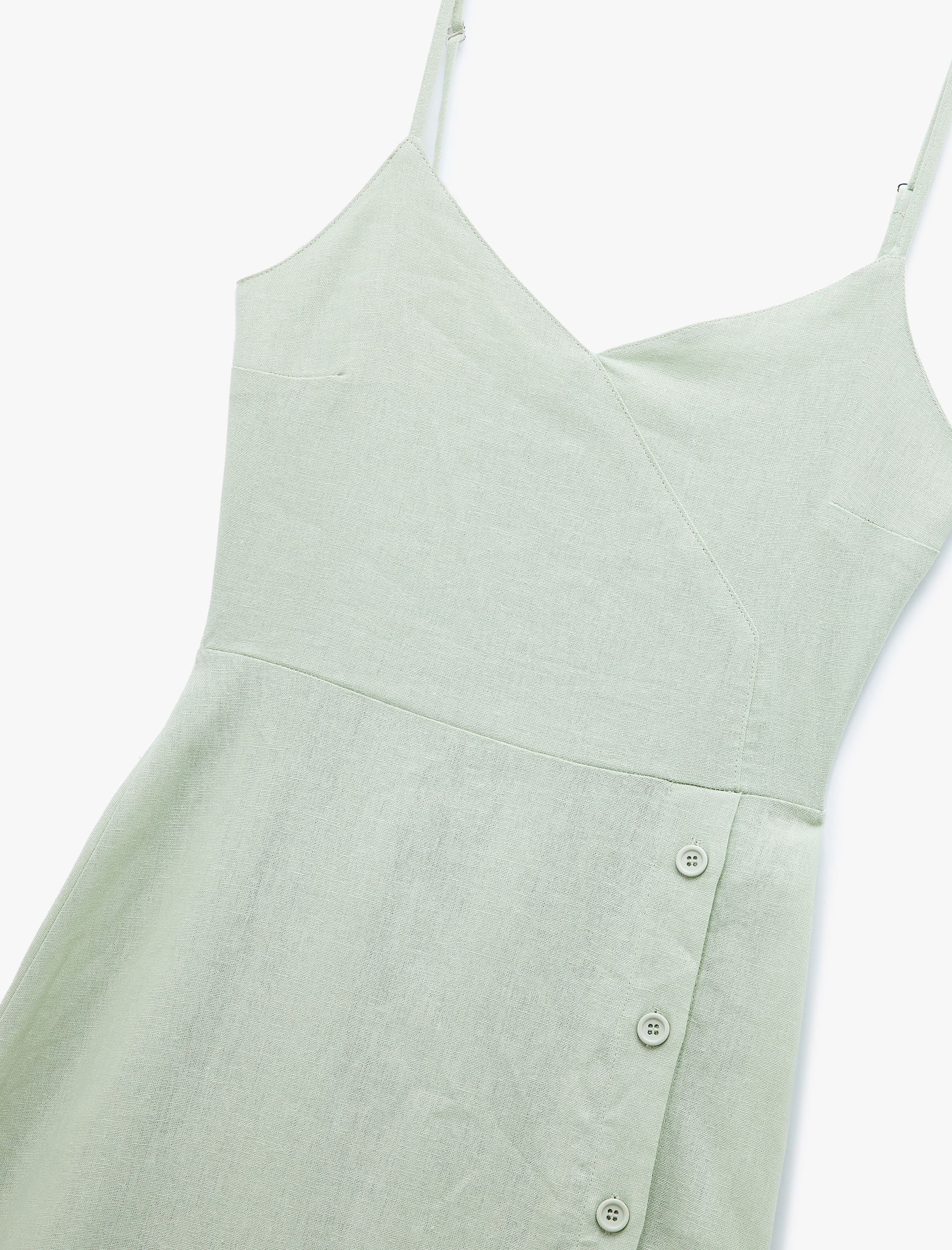   Midi Keten Elbise Kruvaze Yaka Düğme Detaylı İnce Askılı