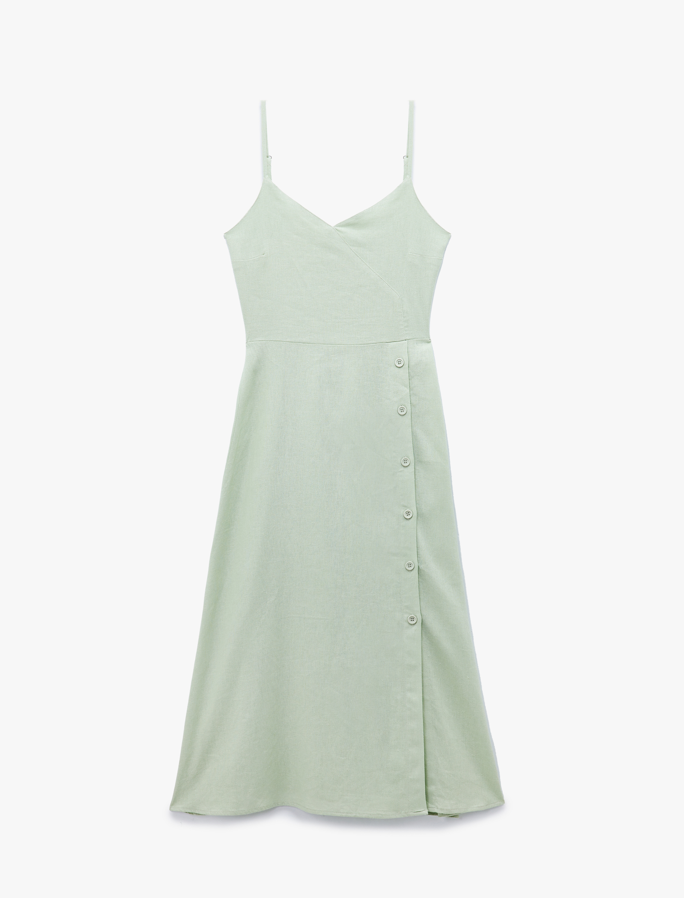   Midi Keten Elbise Kruvaze Yaka Düğme Detaylı İnce Askılı