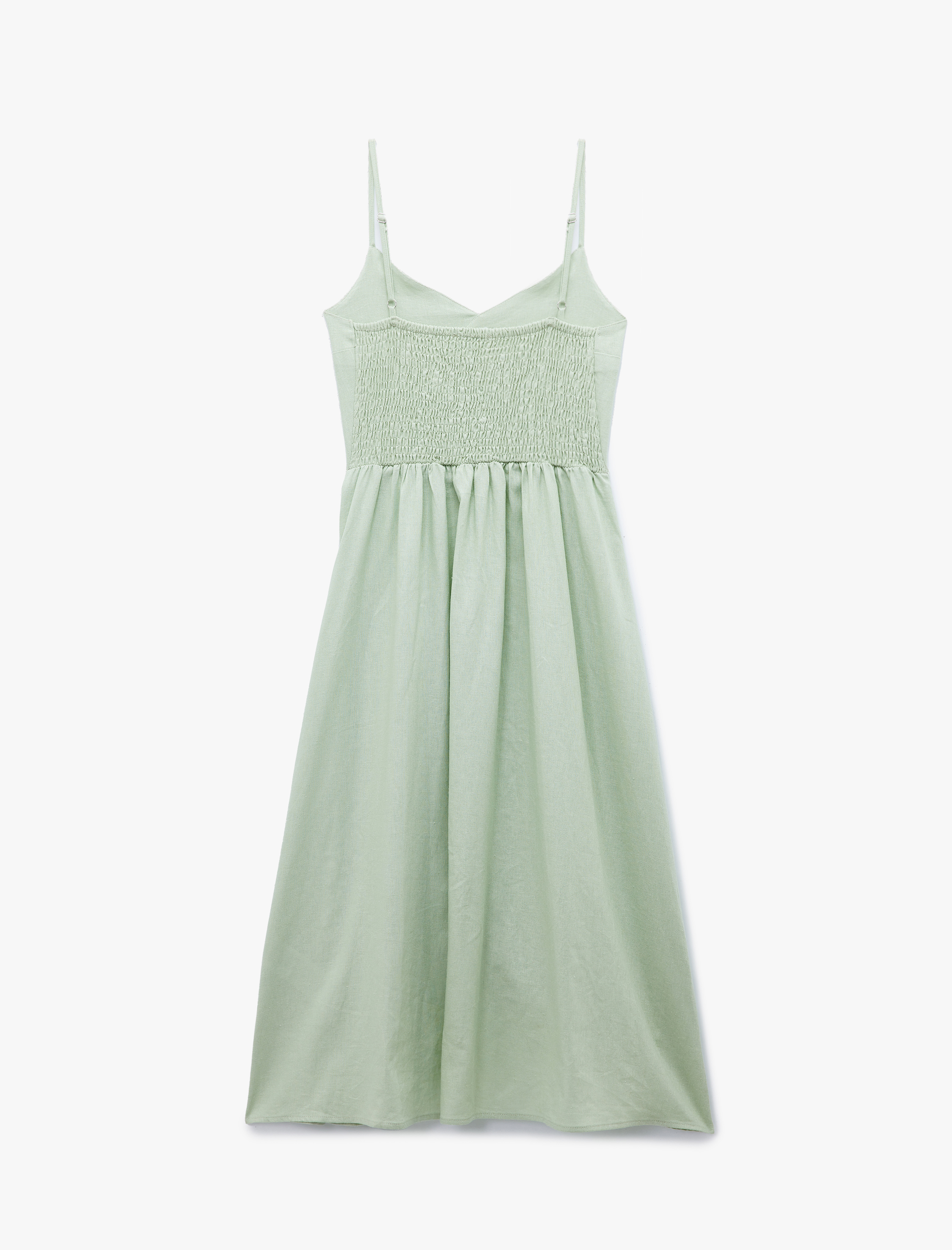   Midi Keten Elbise Kruvaze Yaka Düğme Detaylı İnce Askılı