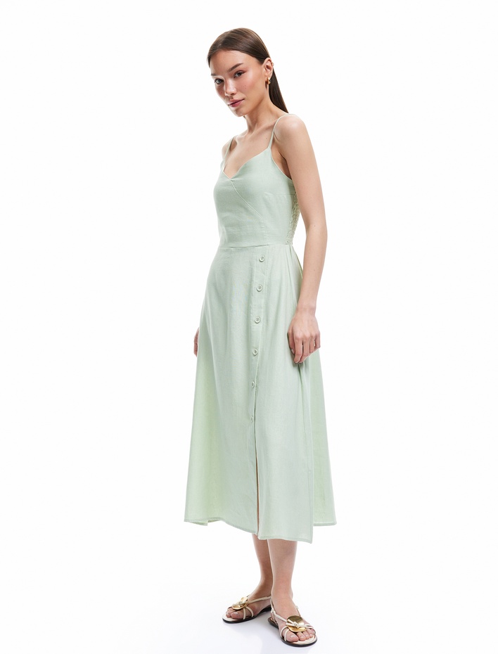  Midi Keten Elbise Kruvaze Yaka Düğme Detaylı İnce Askılı