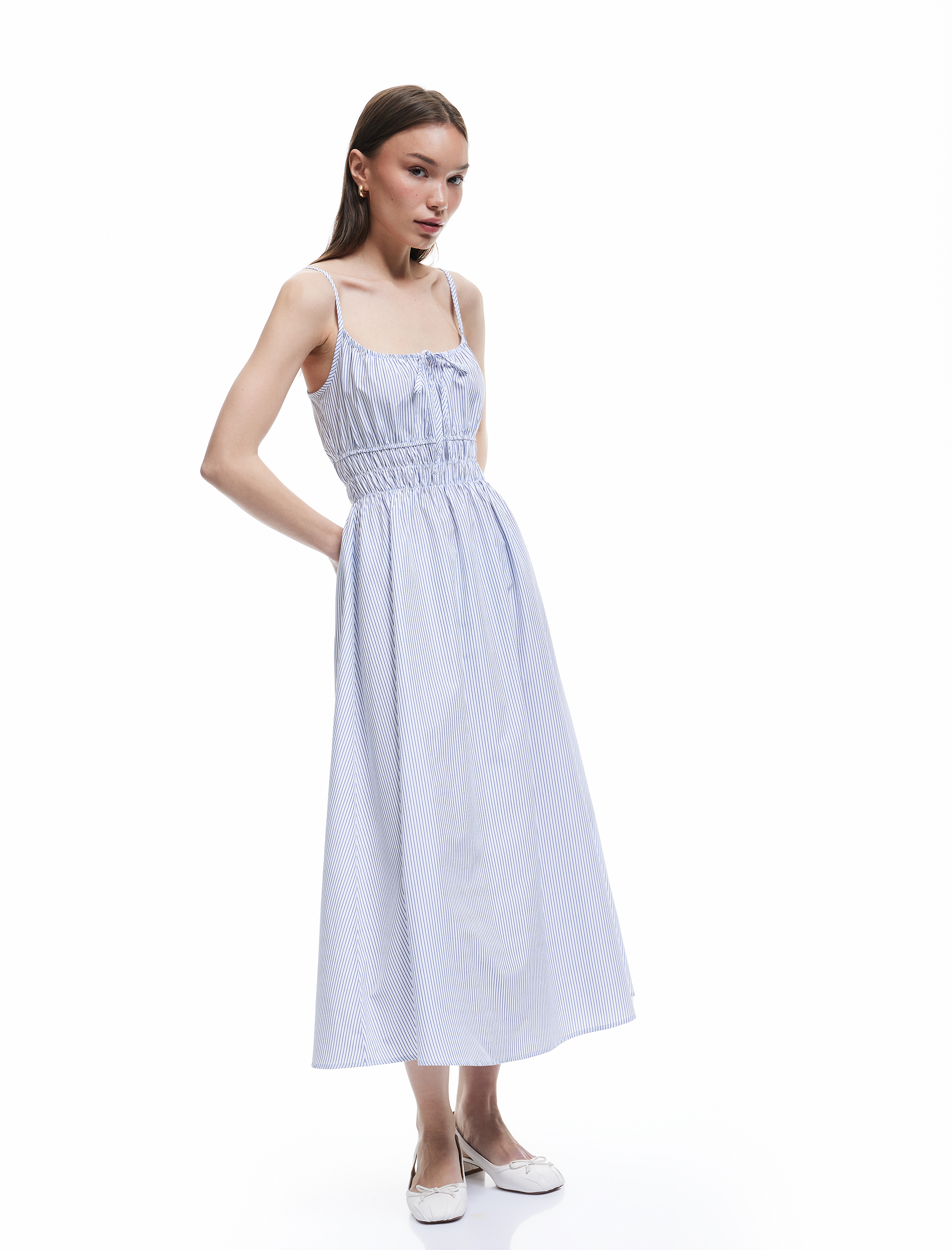 İnce Askılı Gipeli A Kesim Bağcıklı Çizgili Midi Elbise