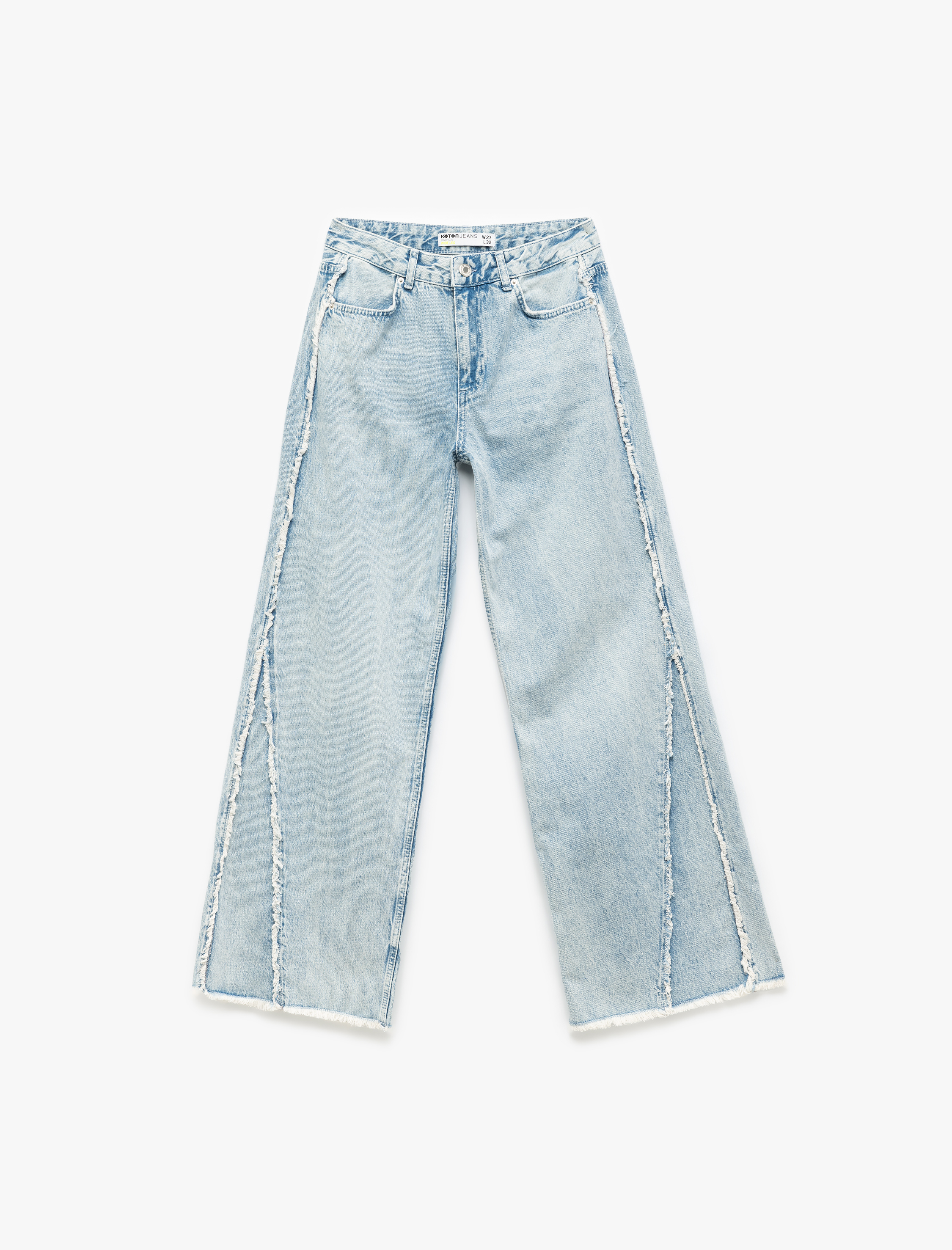   Pamuklu Geniş Paça Nervürlü Düğmeli Cep Detaylı Normal Bel Jean Pantolon - Wide Leg Jeans