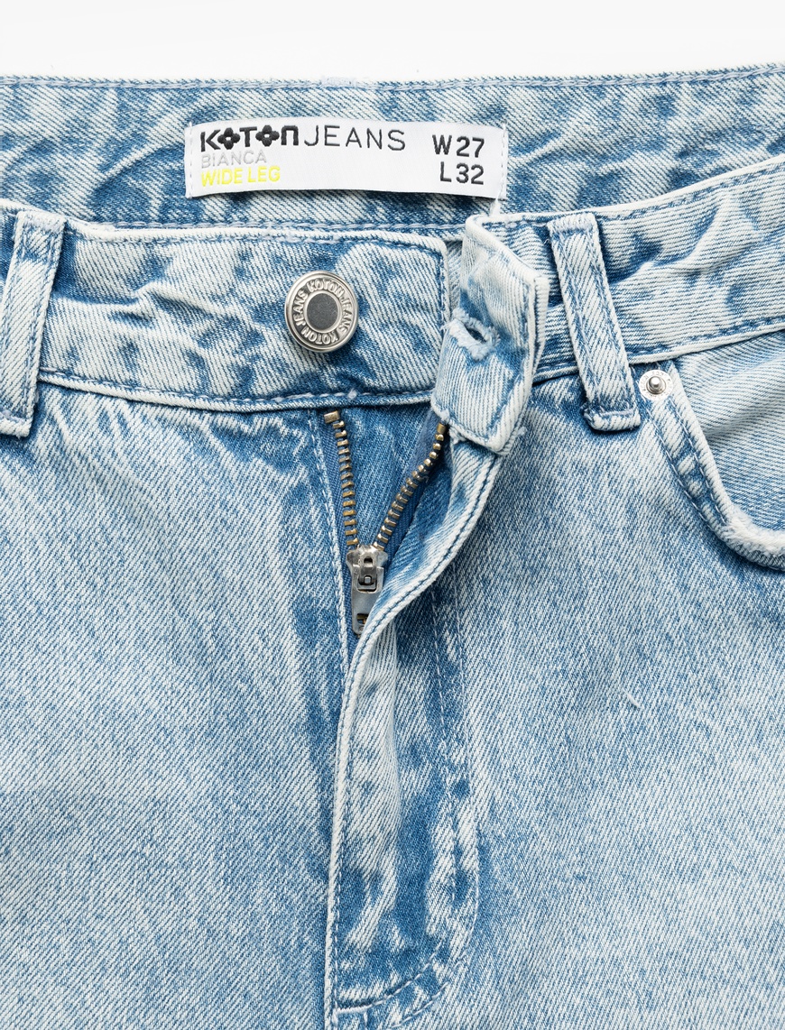   Pamuklu Geniş Paça Nervürlü Düğmeli Cep Detaylı Normal Bel Jean Pantolon - Wide Leg Jeans