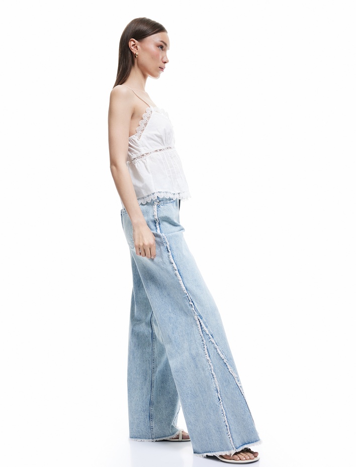  Pamuklu Geniş Paça Nervürlü Düğmeli Cep Detaylı Normal Bel Jean Pantolon - Wide Leg Jeans